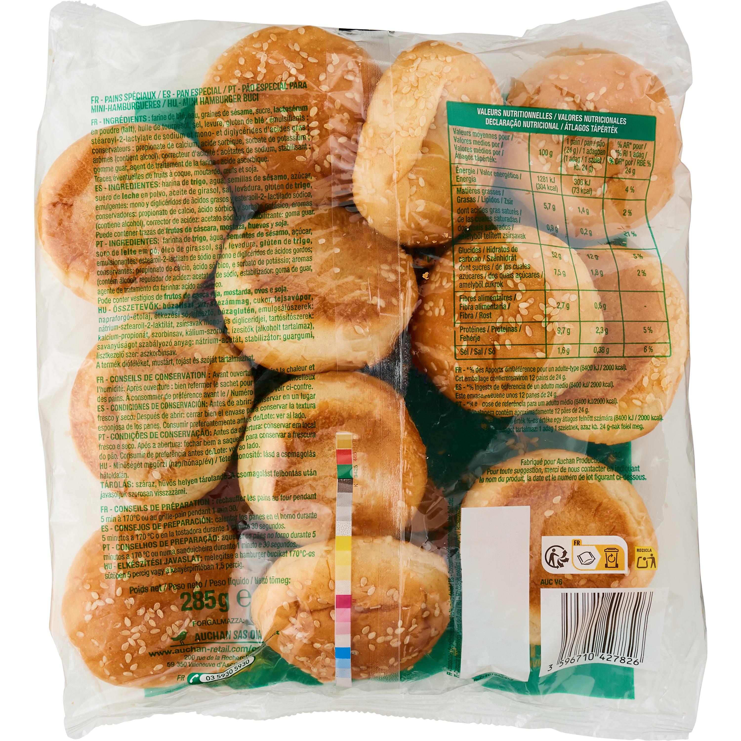 Voir la diapositive 3 : AUCHAN Mini pains burgers 12 pièces 285g