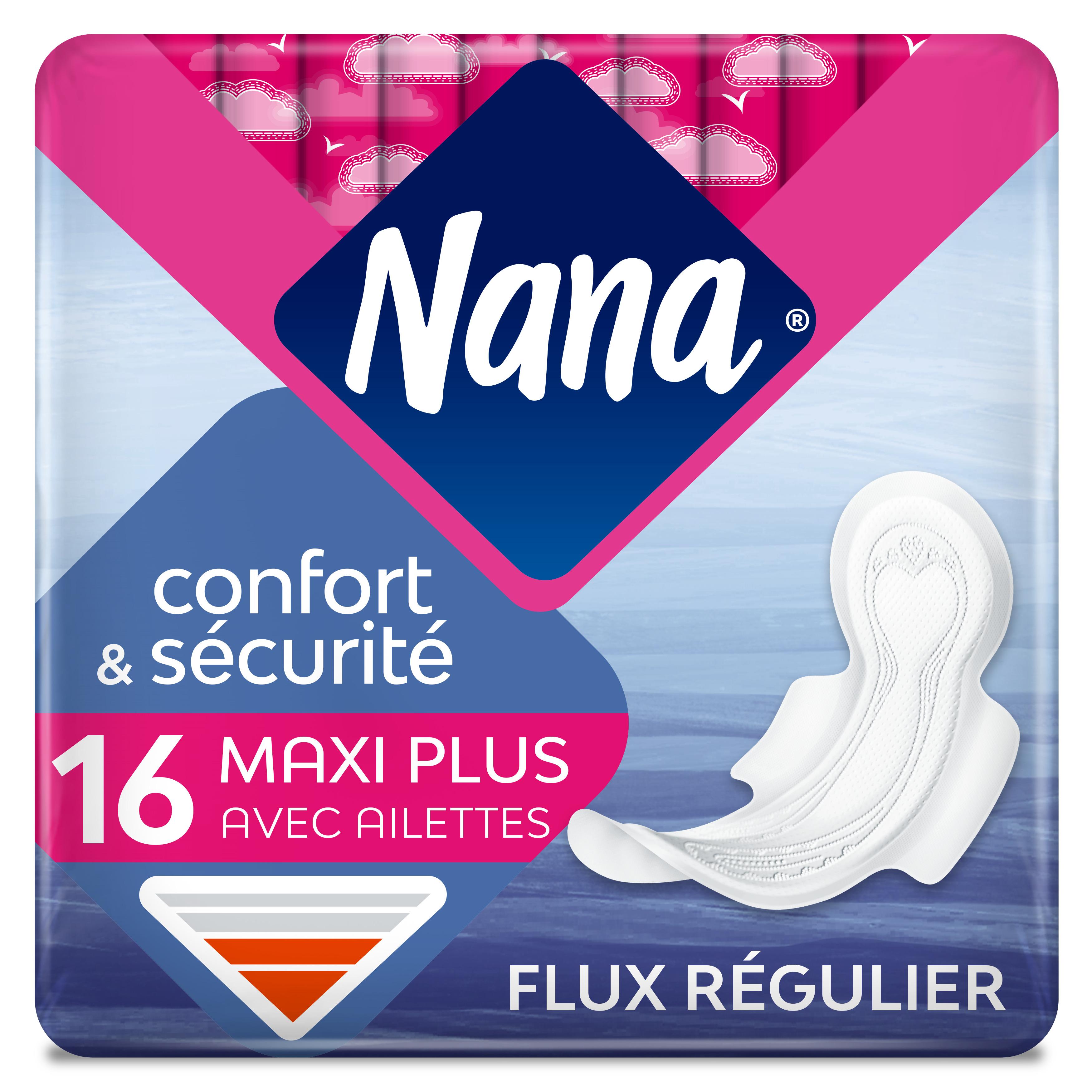 NANA Serviettes hygiéniques confort et sécurité maxi plus avec ailettes 16 serviettes
