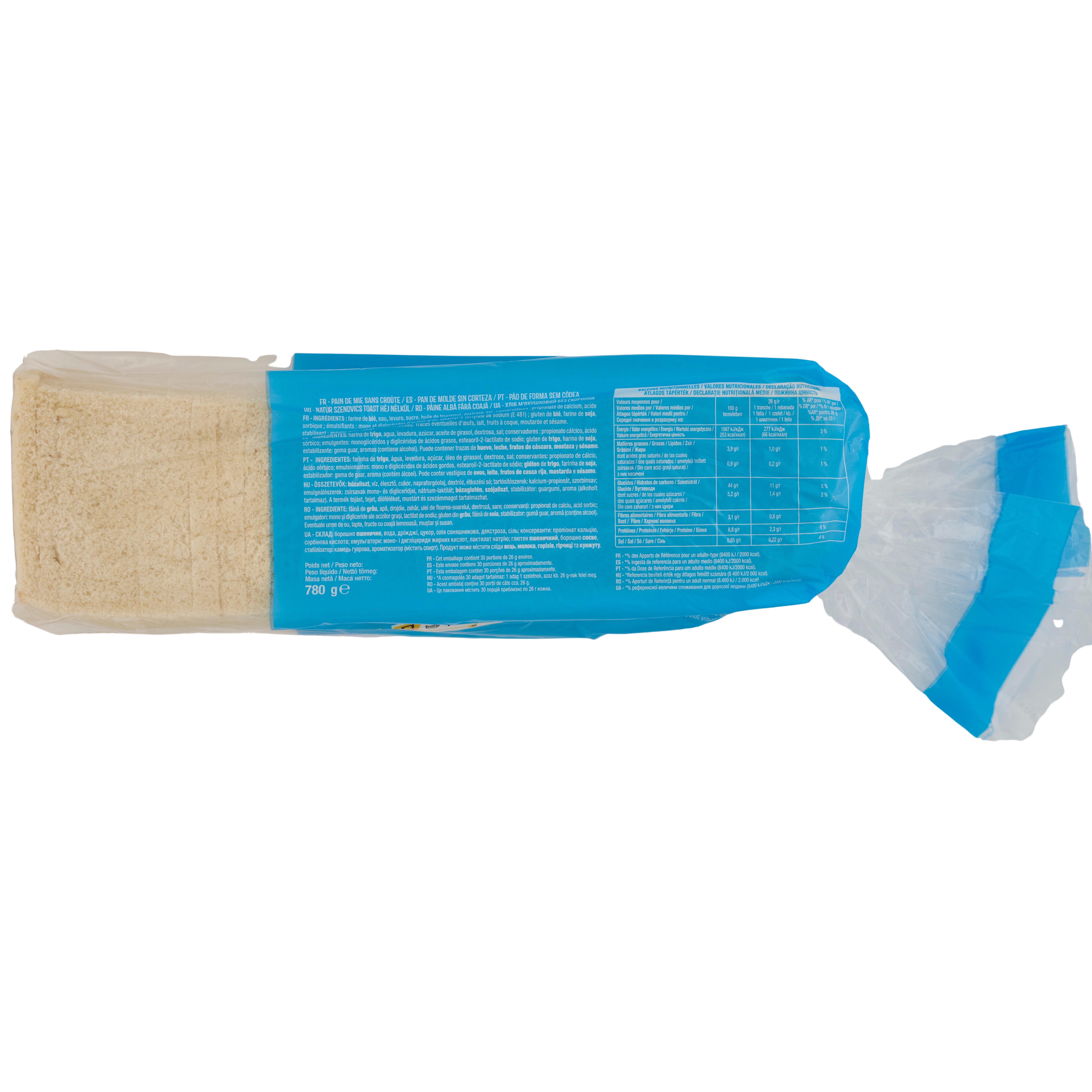 Voir la diapositive 2 : AUCHAN Pain de mie nature sans croûte sans huile de palme 30 tranches 780g