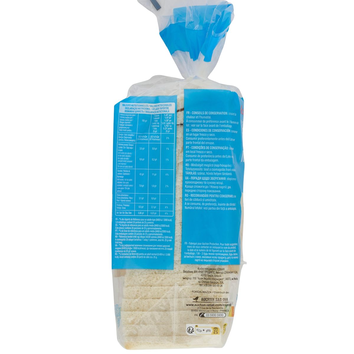 AUCHAN Pain de mie nature sans croûte sans huile de palme 20 tranches 500g