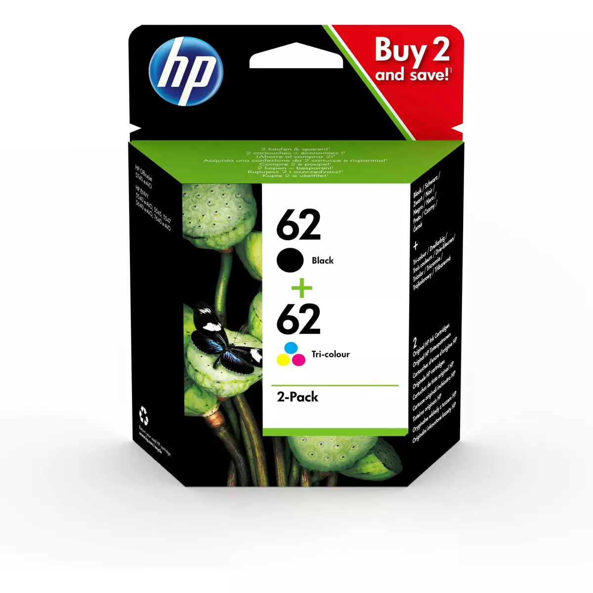 HP Pack de 2 Cartouches d'Encre HP 62 Noire et Trois Couleurs Authentiques (N9J71AE)