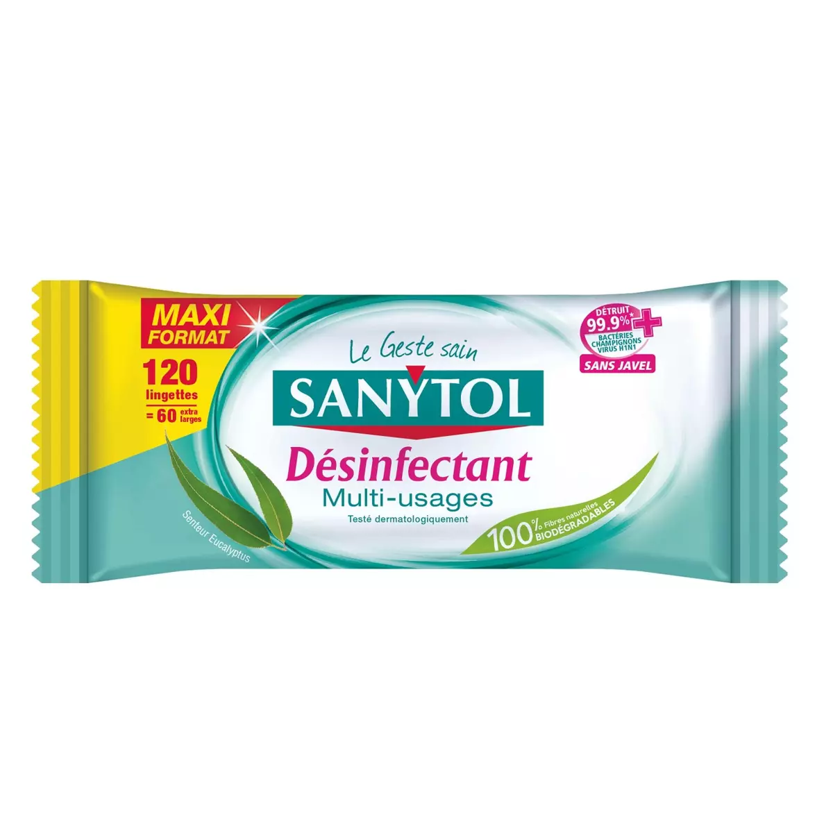 SANYTOL Lingettes désinfectantes multi-usages eucalyuptus Maxi format 120  lingettes pas cher 