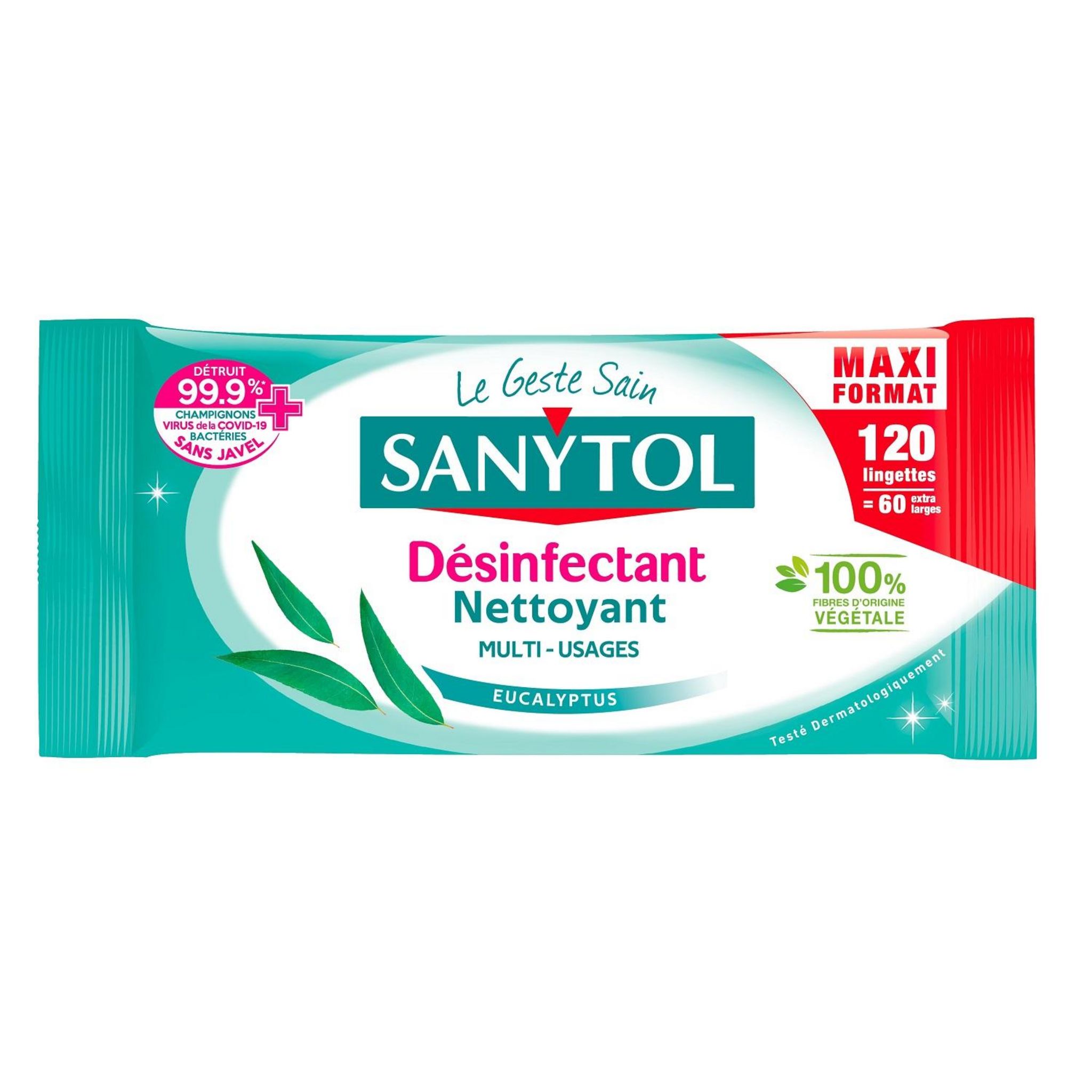 Voir la diapositive 2 : SANYTOL Lingettes désinfectantes multi-usages eucalyuptus Maxi format 120 lingettes