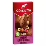 COTE D'OR Tablette de chocolat au lait raisins et noisettes entières 1 pièce 180g
