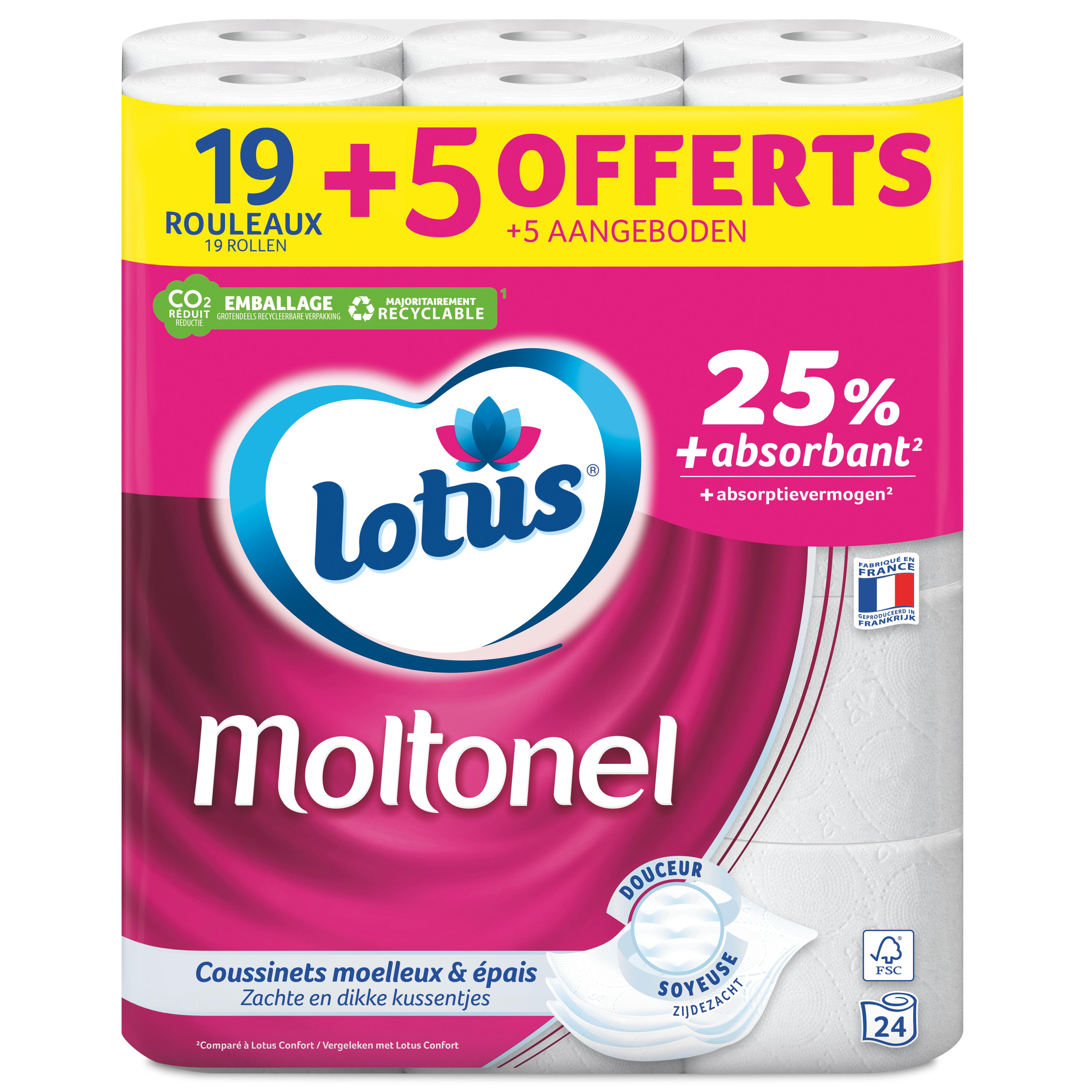 LOTUS Moltonel Rouleaux papiers toilette aqua tube 3 épaisseurs 19 rouleaux + 5 offerts