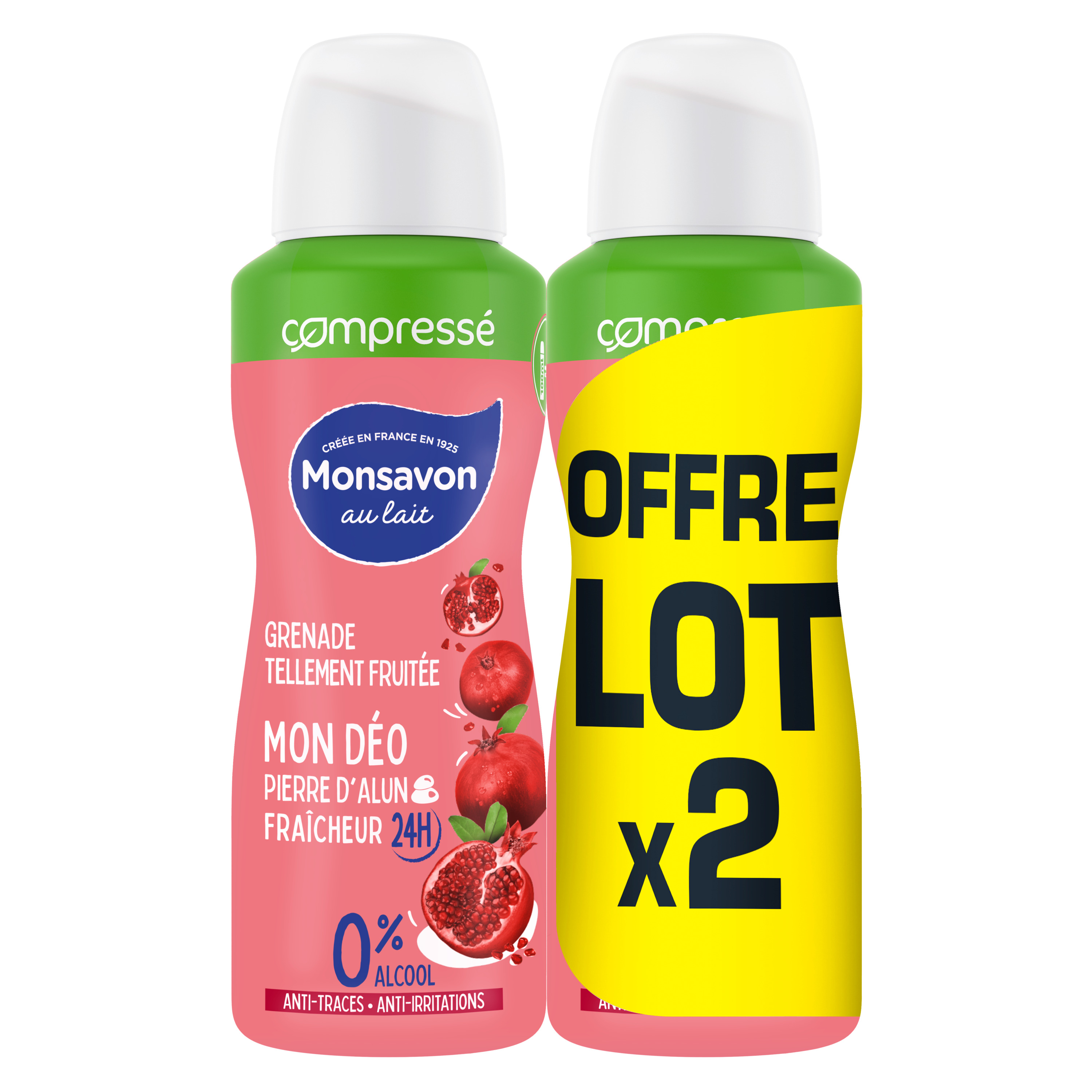 MONSAVON Déodorant spray compressé grenade tellement fruitée pierre d'alun fraîcheur 24H 0% alcool 2x100ml