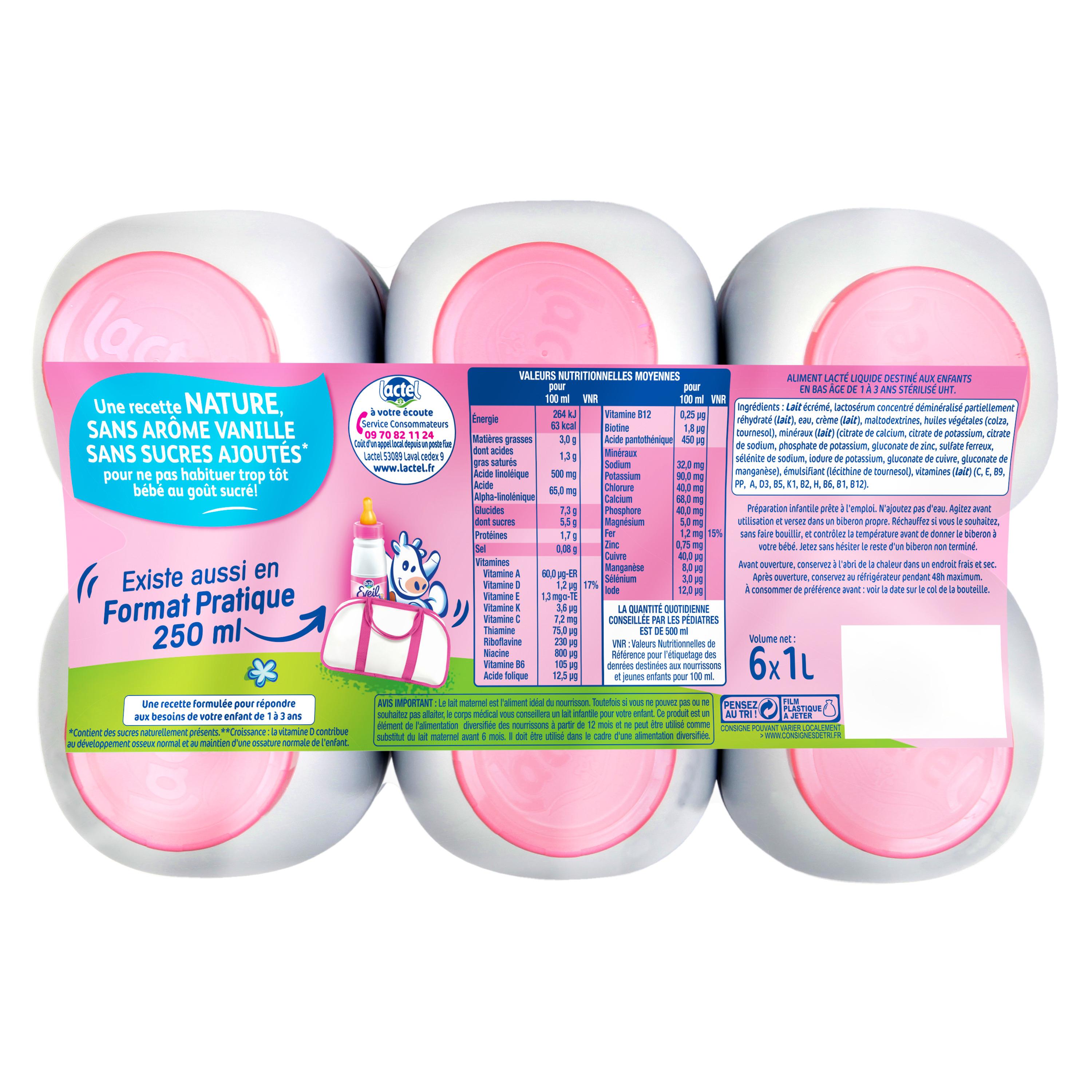 Voir la diapositive 2 : LACTEL Eveil 3 lait de croissance nature liquide dès 12 mois 6x1l