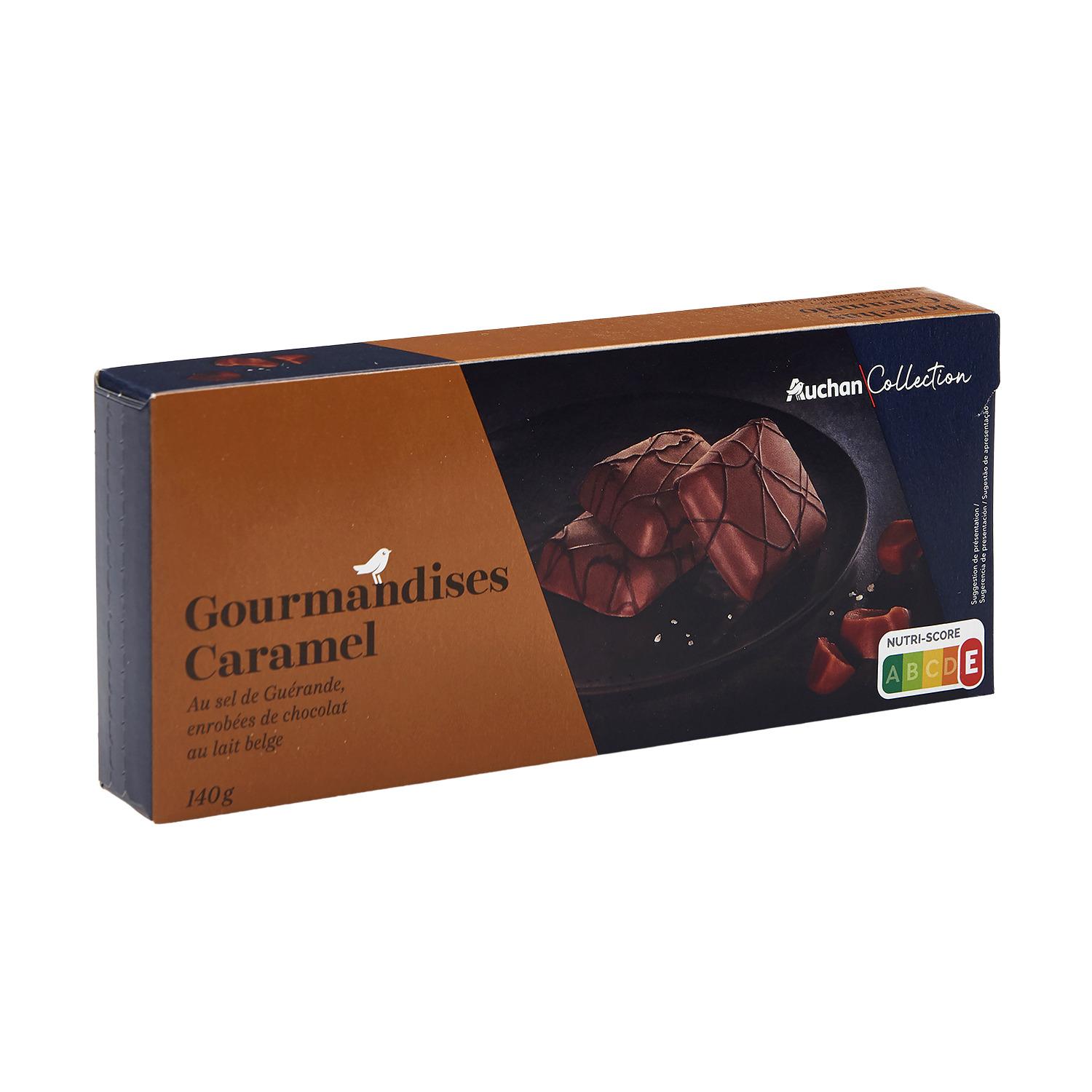 Voir la diapositive 2 : AUCHAN COLLECTION Gourmandises caramel au sel de Guérande enrobées de chocolat au lait belge 140g