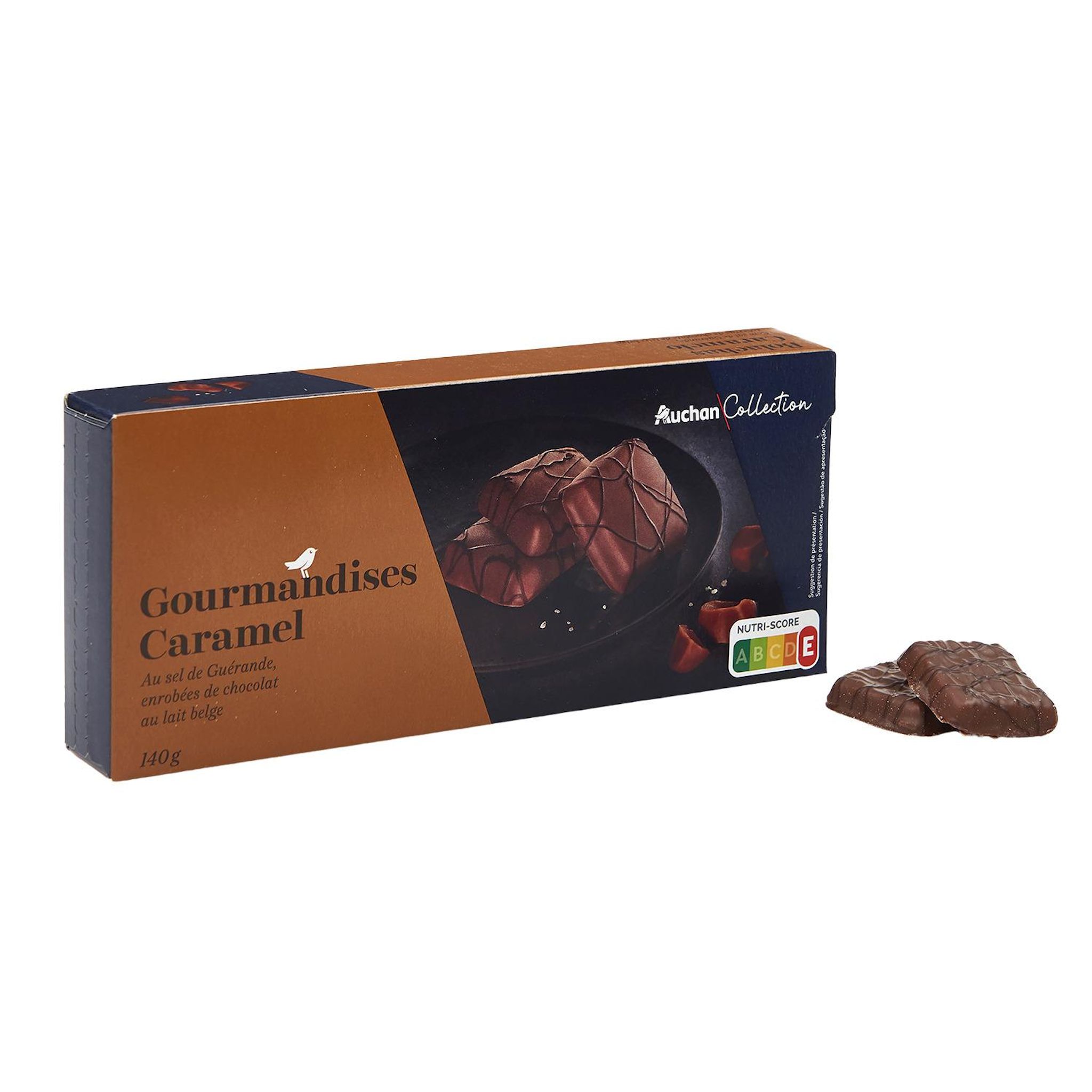 Voir la diapositive 3 : AUCHAN COLLECTION Gourmandises caramel au sel de Guérande enrobées de chocolat au lait belge 140g