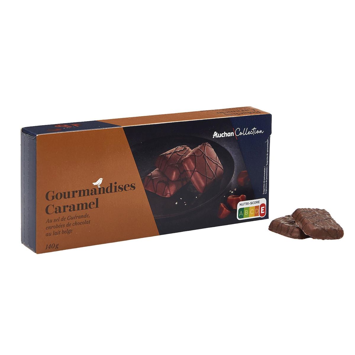 AUCHAN COLLECTION Gourmandises caramel au sel de Guérande enrobées de chocolat au lait belge 140g
