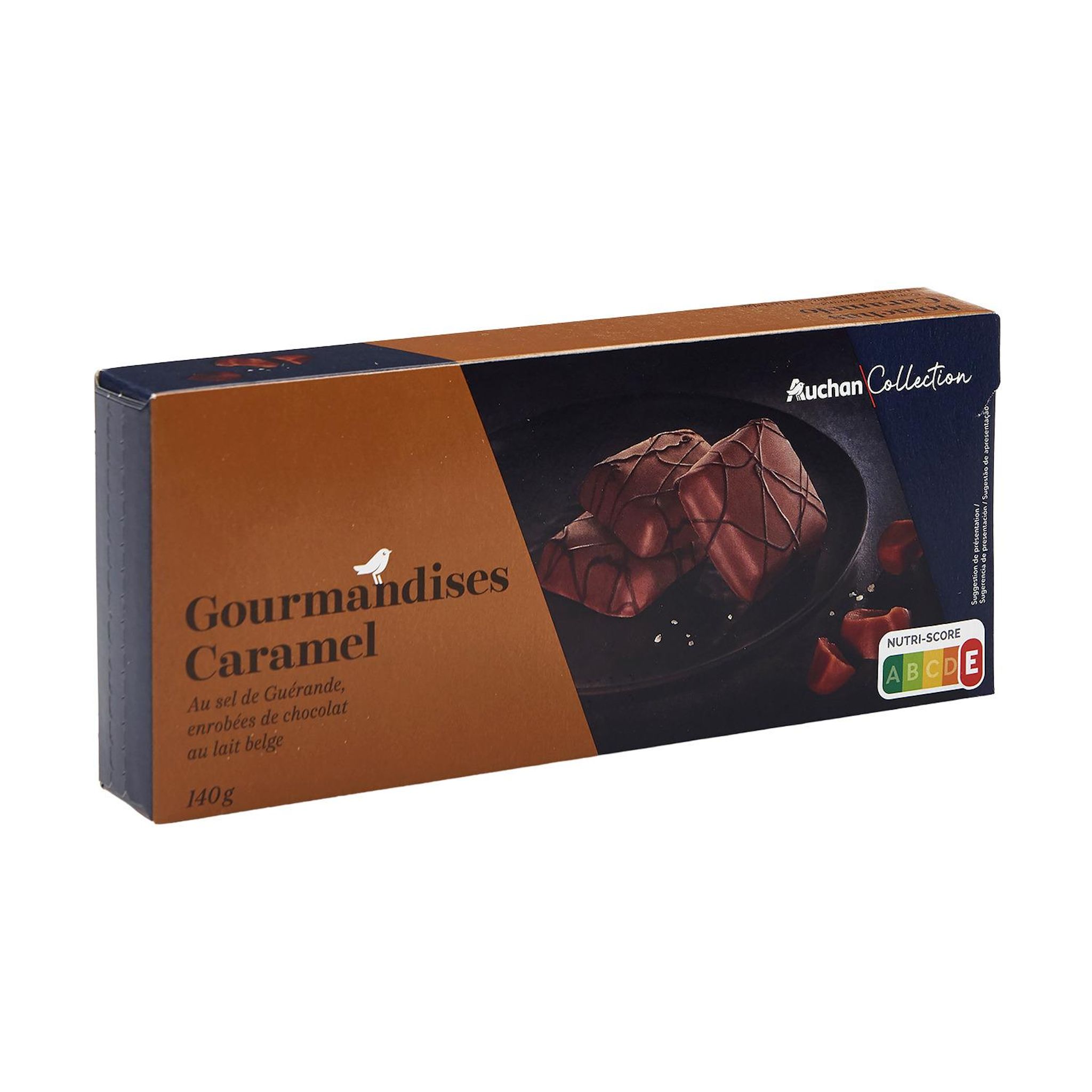 Voir la diapositive 4 : AUCHAN COLLECTION Gourmandises caramel au sel de Guérande enrobées de chocolat au lait belge 140g