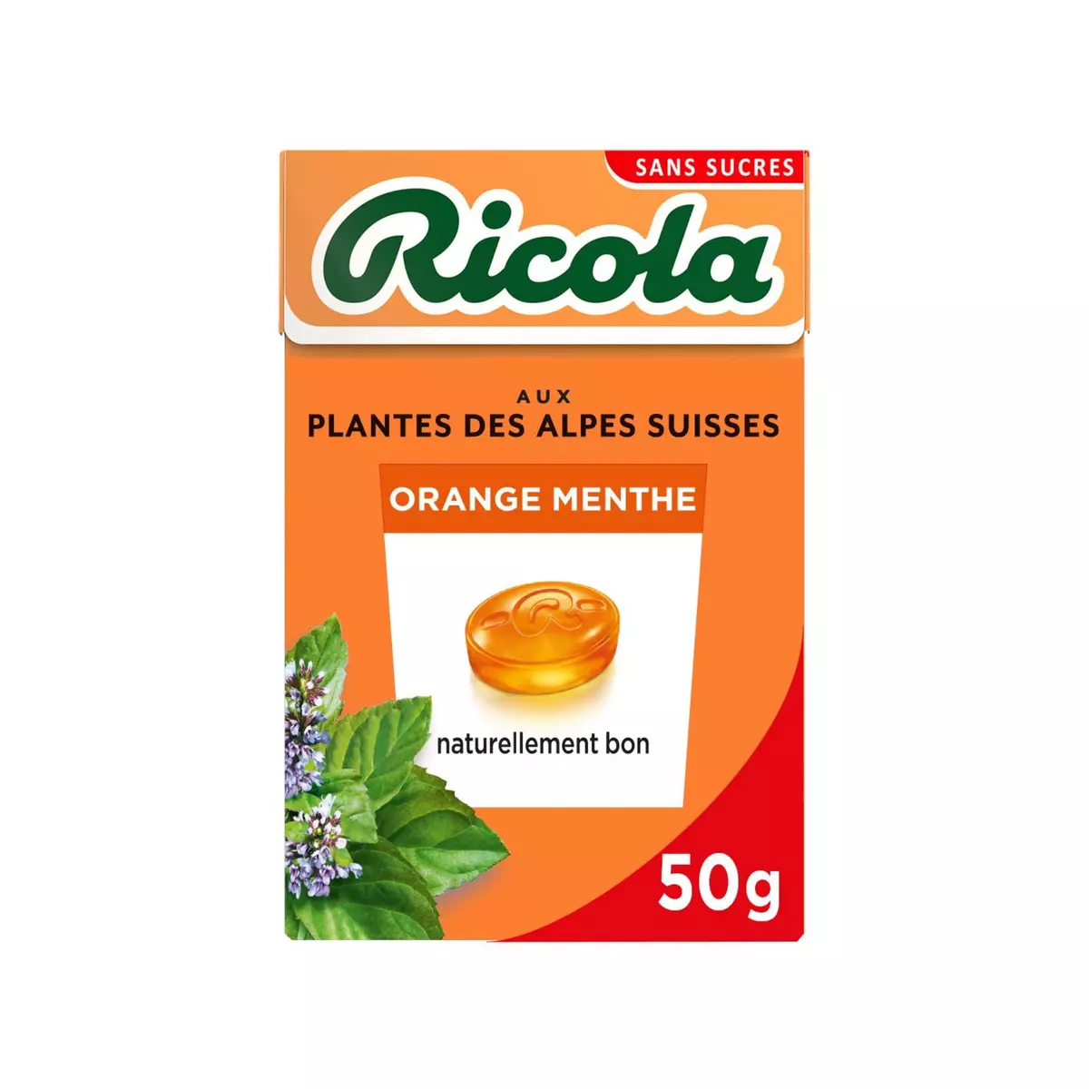 RICOLA Bonbons Suisses aux plantes sans sucres orange menthe 50g