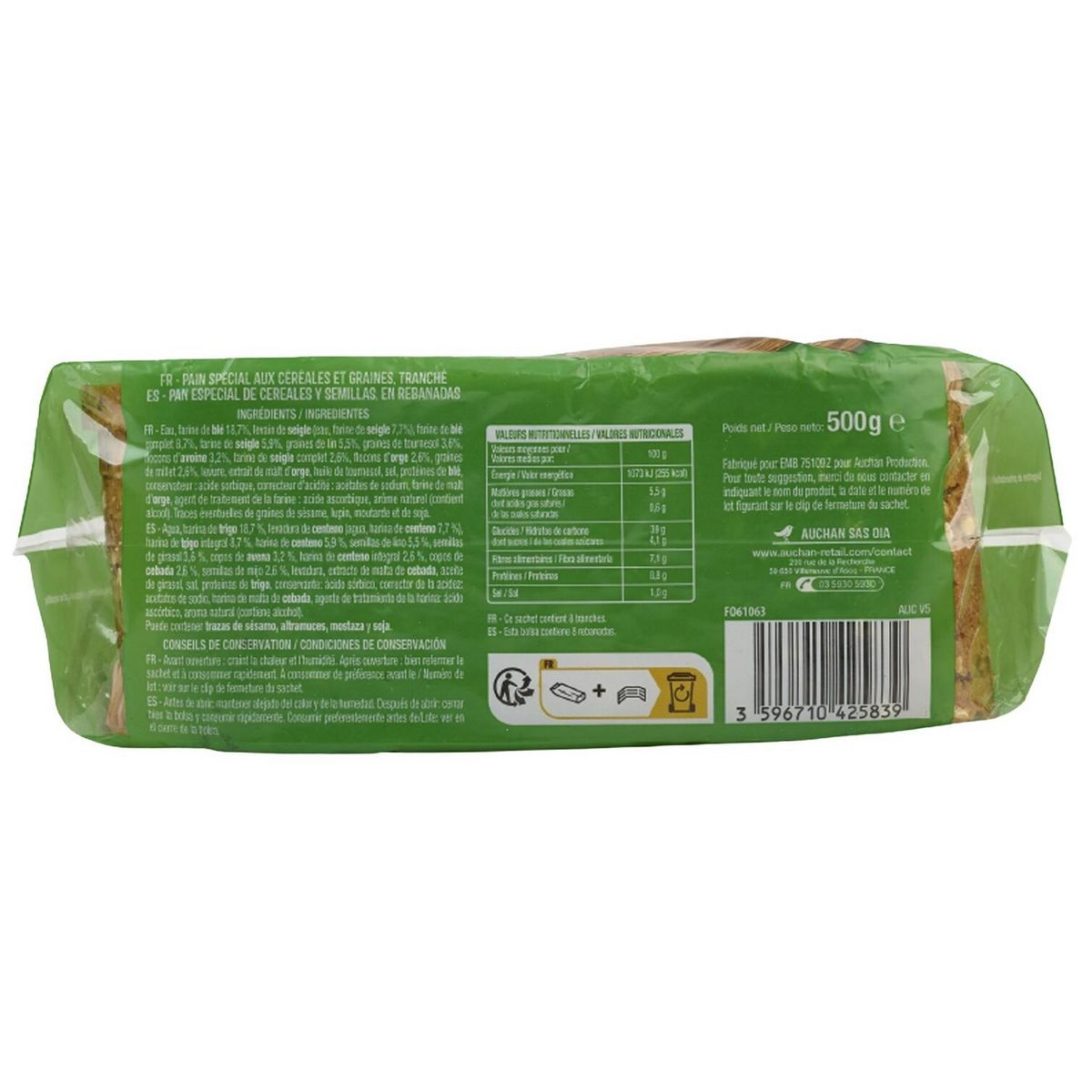 AUCHAN Pain de table aux céréales 500g