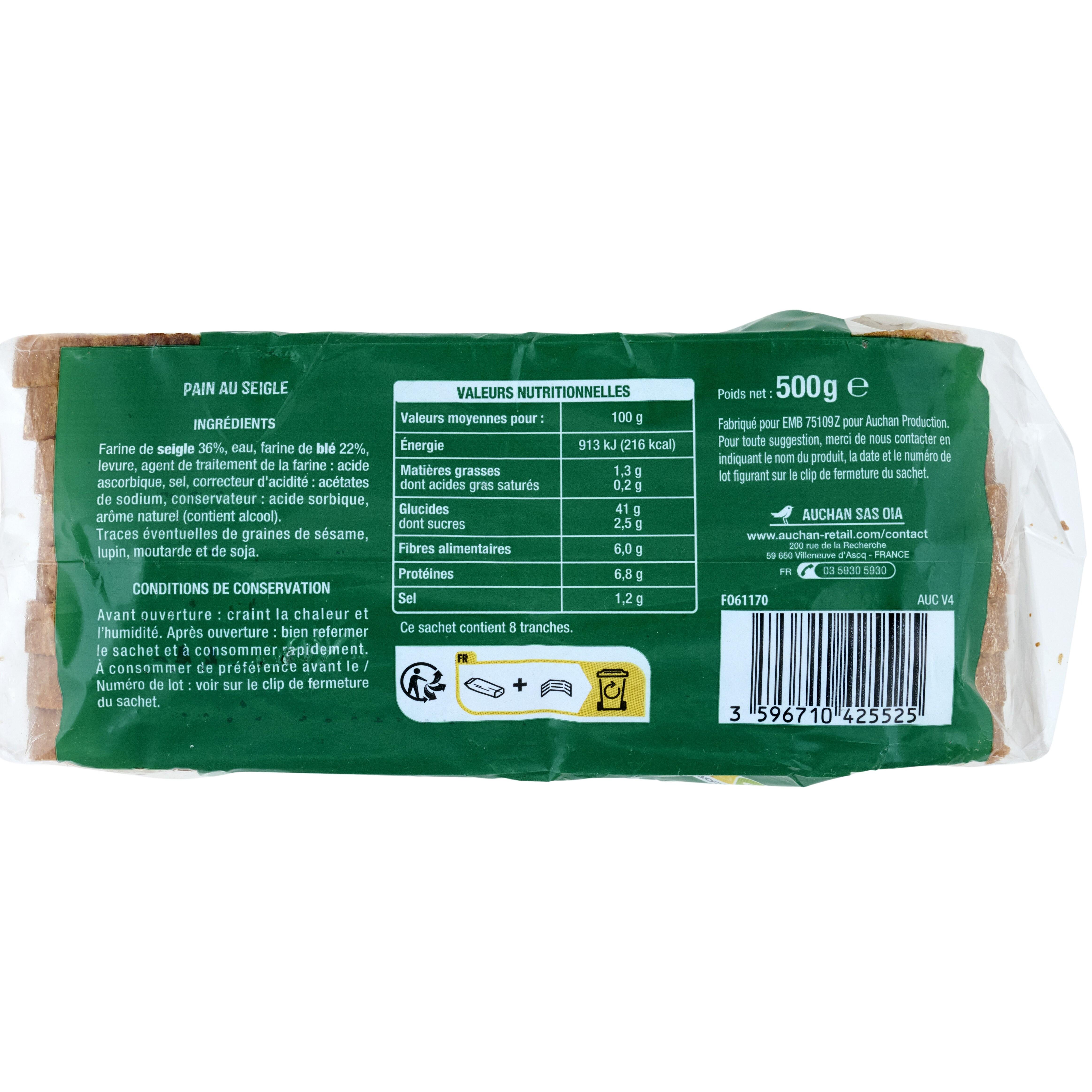 Voir la diapositive 2 : AUCHAN Pain tranché au seigle 8 tranches 500g