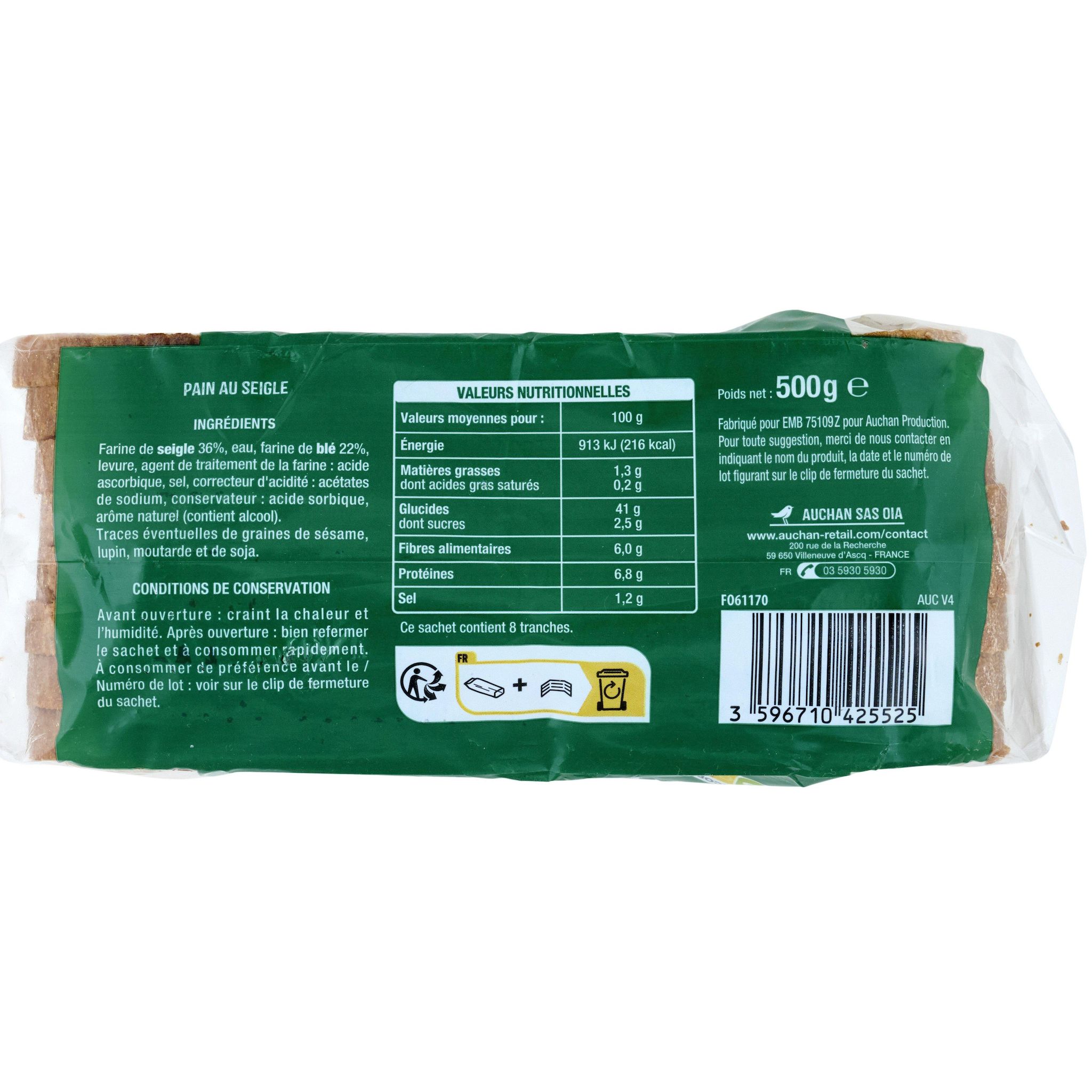 Voir la diapositive 3 : AUCHAN Pain de table au seigle 500g