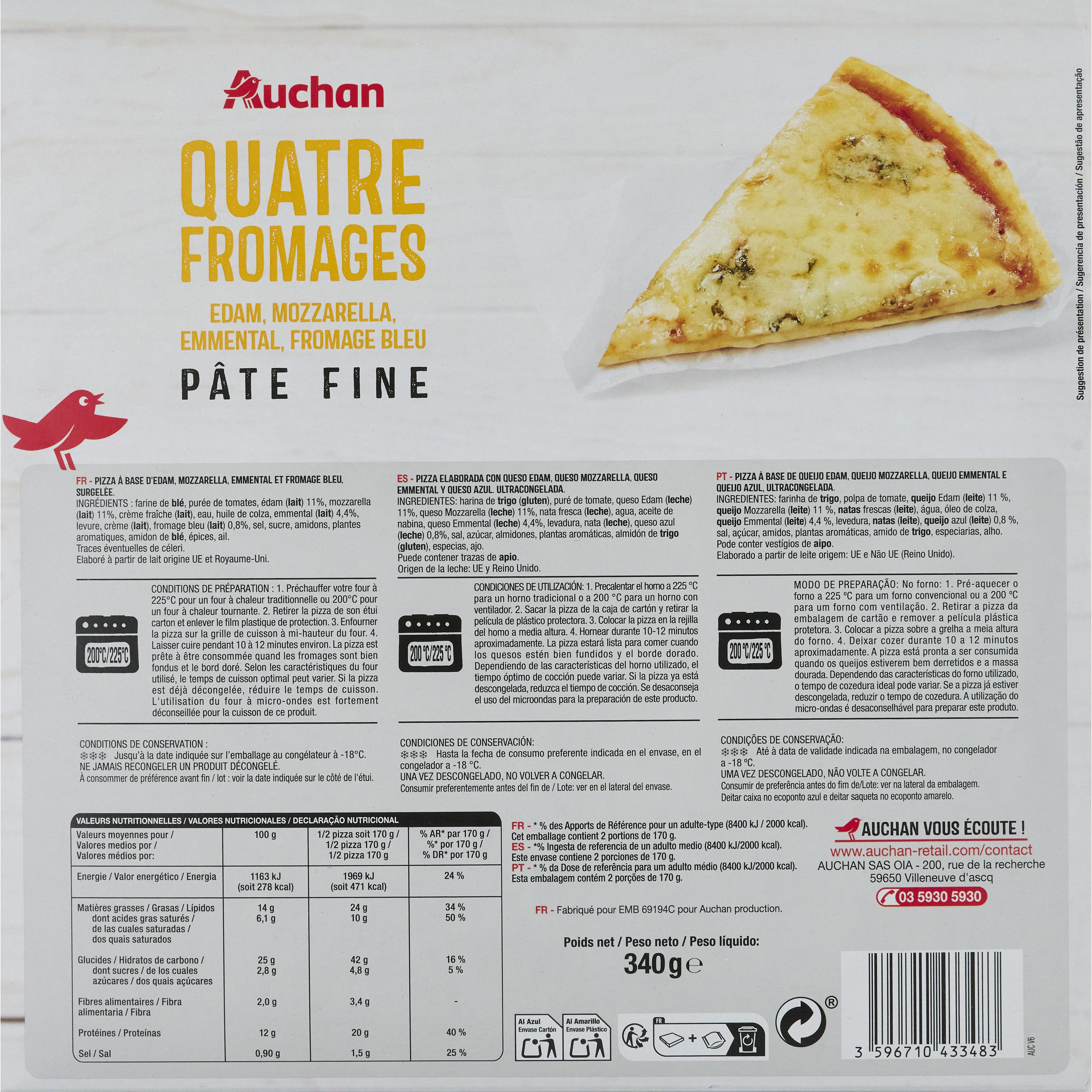 Voir la diapositive 2 : AUCHAN Pizza pâte fine 4 fromages 340g