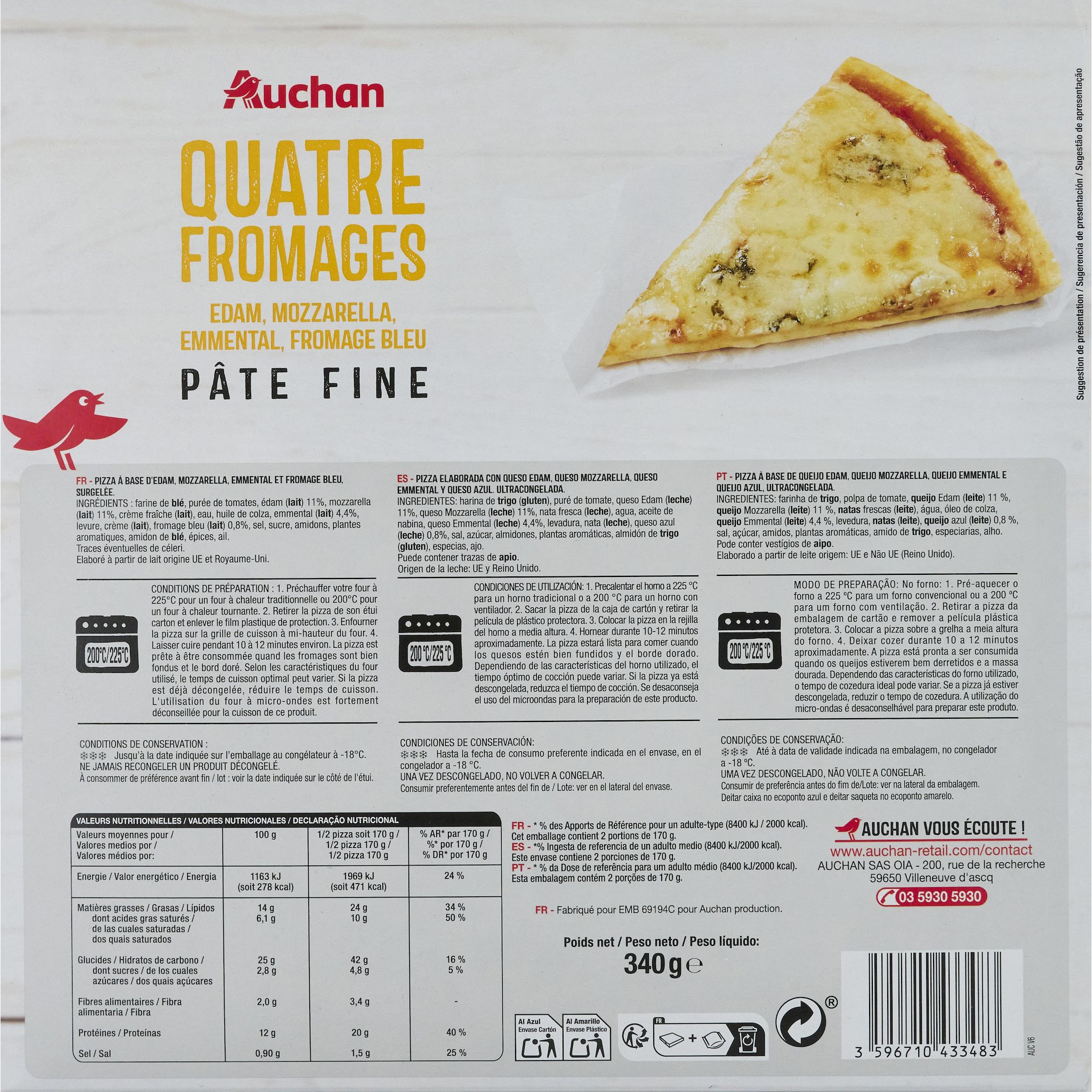 Voir la diapositive 2 : AUCHAN Pizza pâte fine 4 fromages 340g