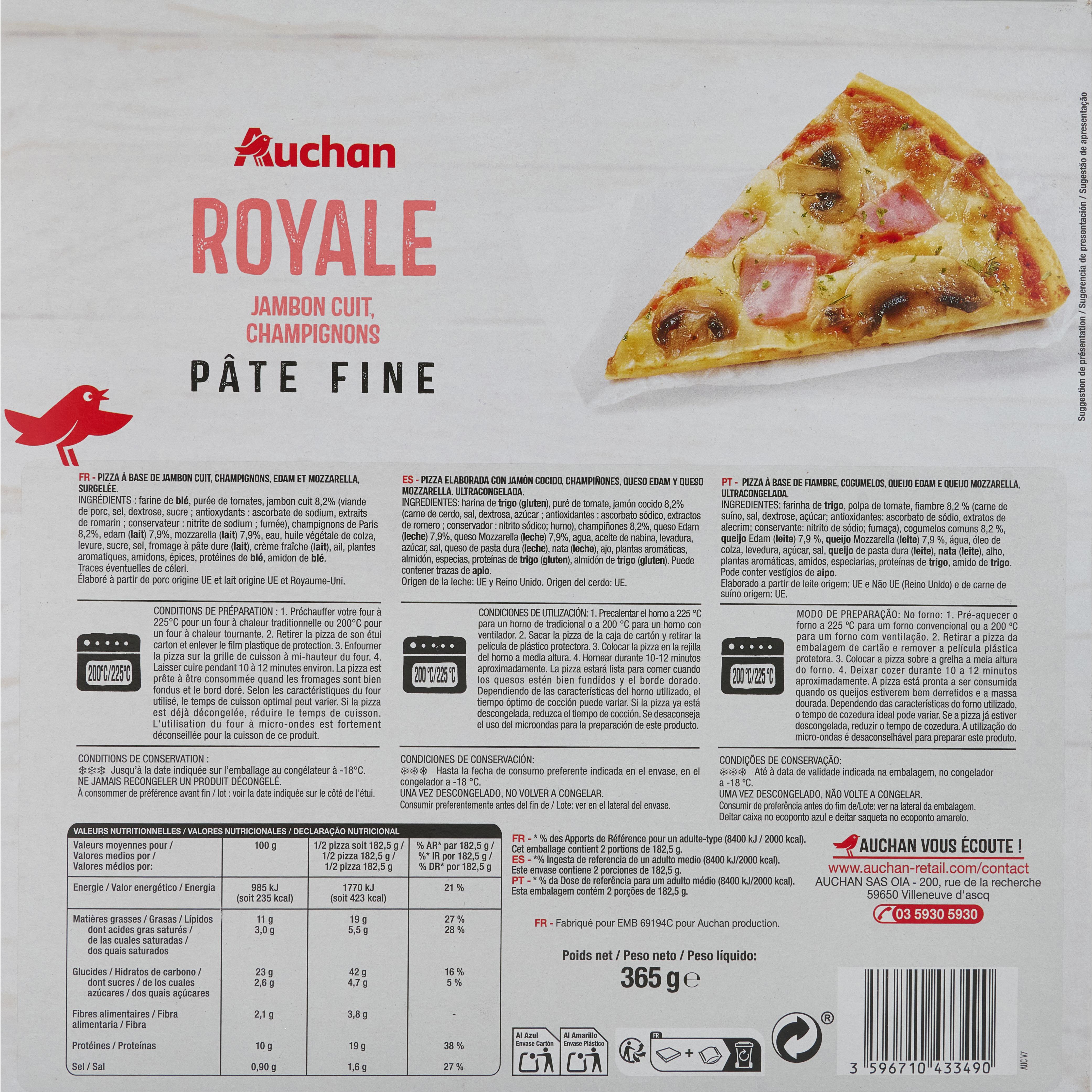 Voir la diapositive 2 : AUCHAN Pizza royale pâte fine 365g
