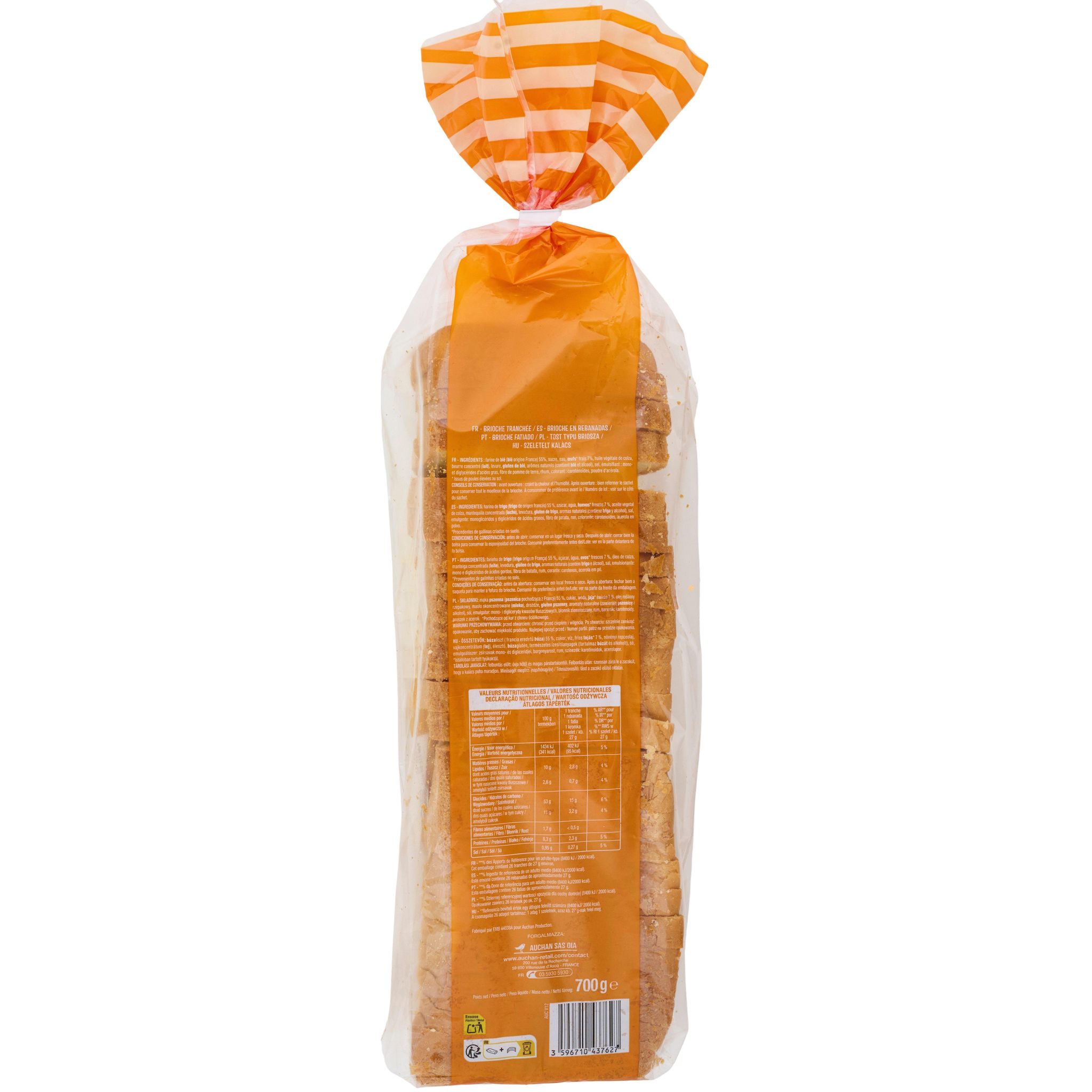 Voir la diapositive 3 : AUCHAN Brioche tranchée 26 tranches 700g