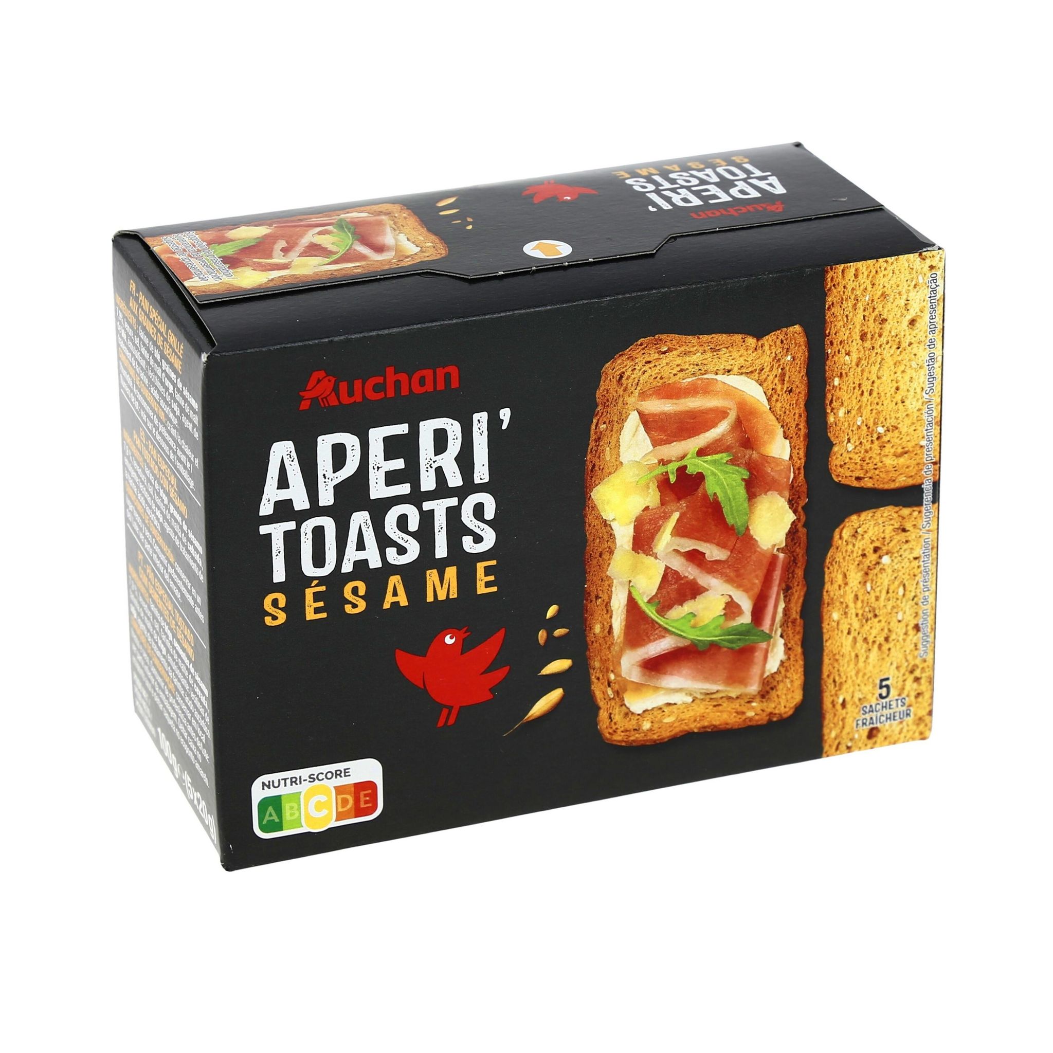 Voir la diapositive 2 : AUCHAN Toasts apéritifs au sésame 5 pièces 100g