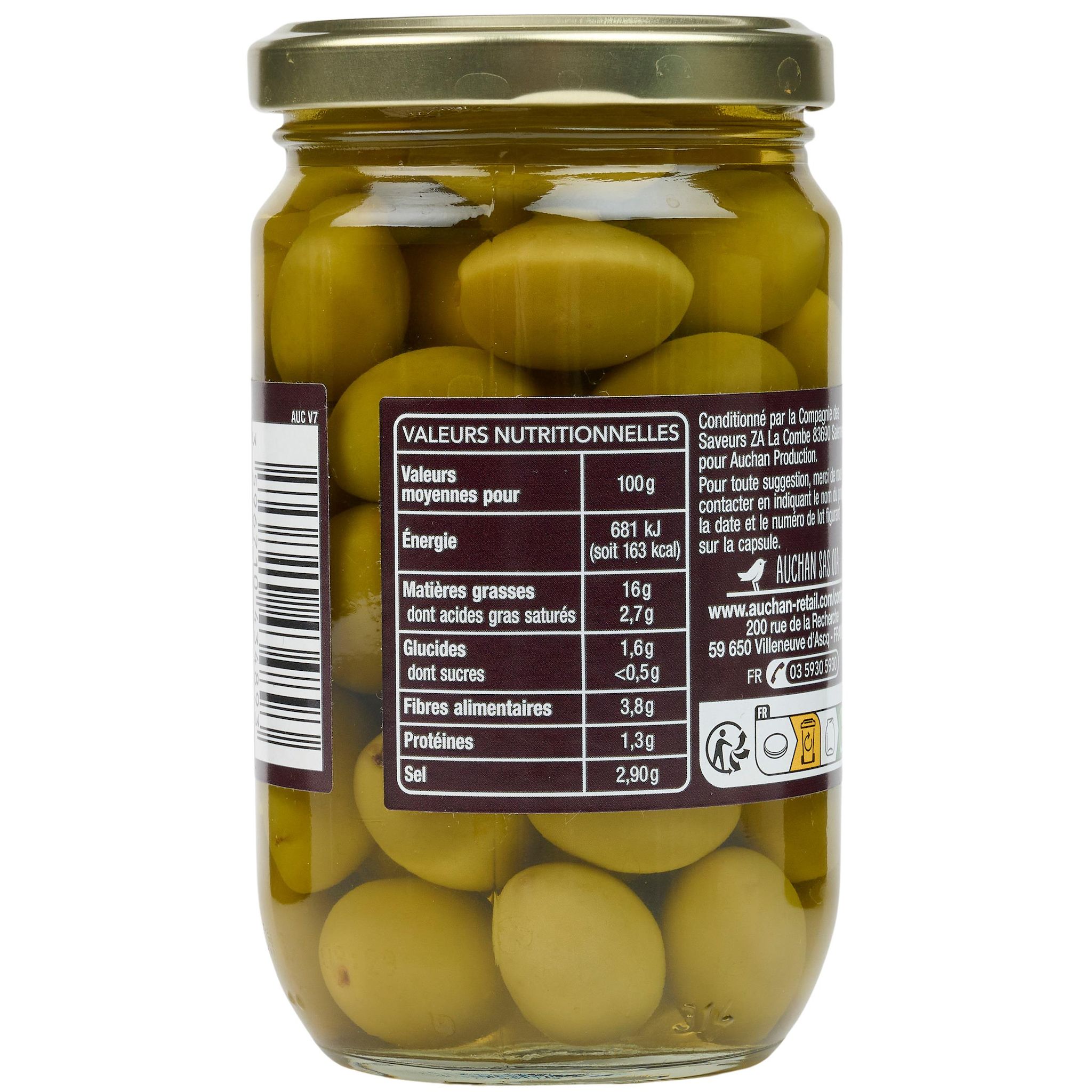 Voir la diapositive 3 : AUCHAN TERROIR Olives vertes picholines 170g