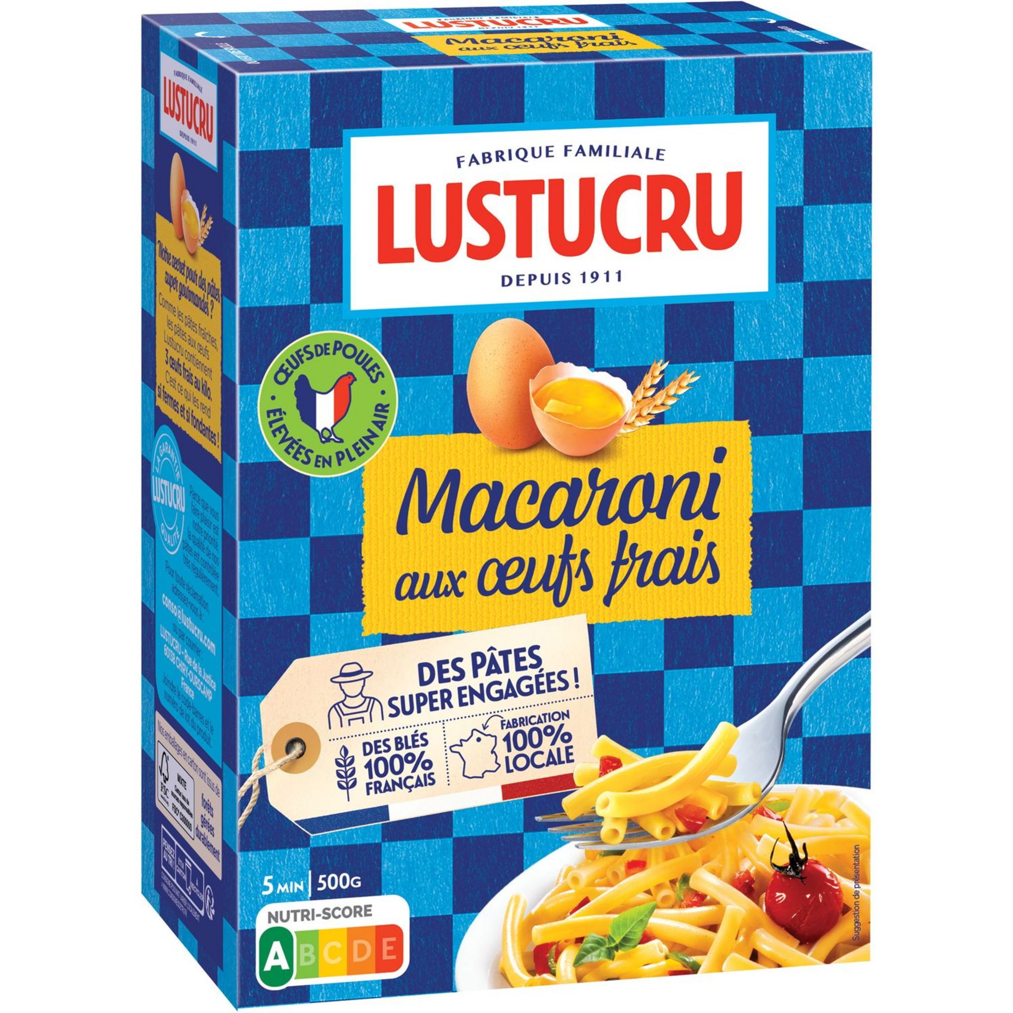 LUSTUCRU Macaroni aux oeufs frais 500g