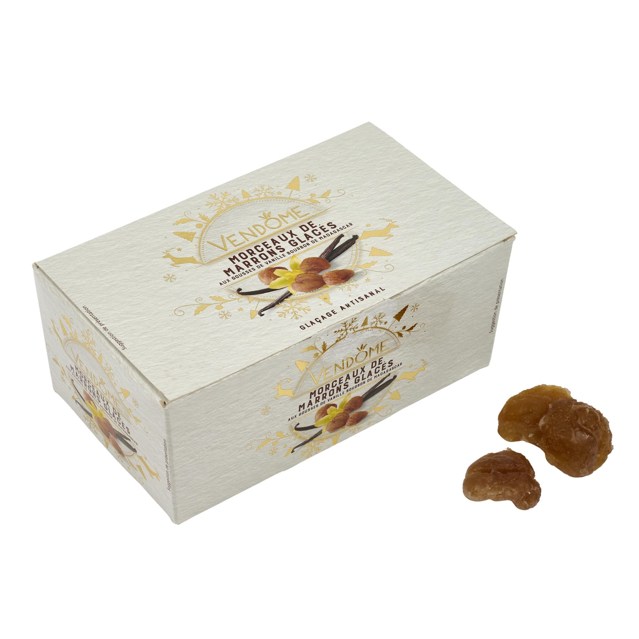 Voir la diapositive 4 : VENDOME Morceaux de marrons glacés aux gousses de vanille bourbon de Madagascar ballotin 250g
