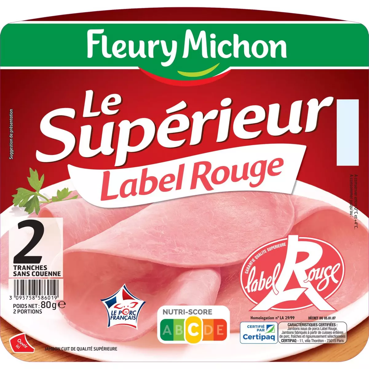 FLEURY MICHON Le supérieur jambon blanc sans couenne label Rouge 2 tranches 80g