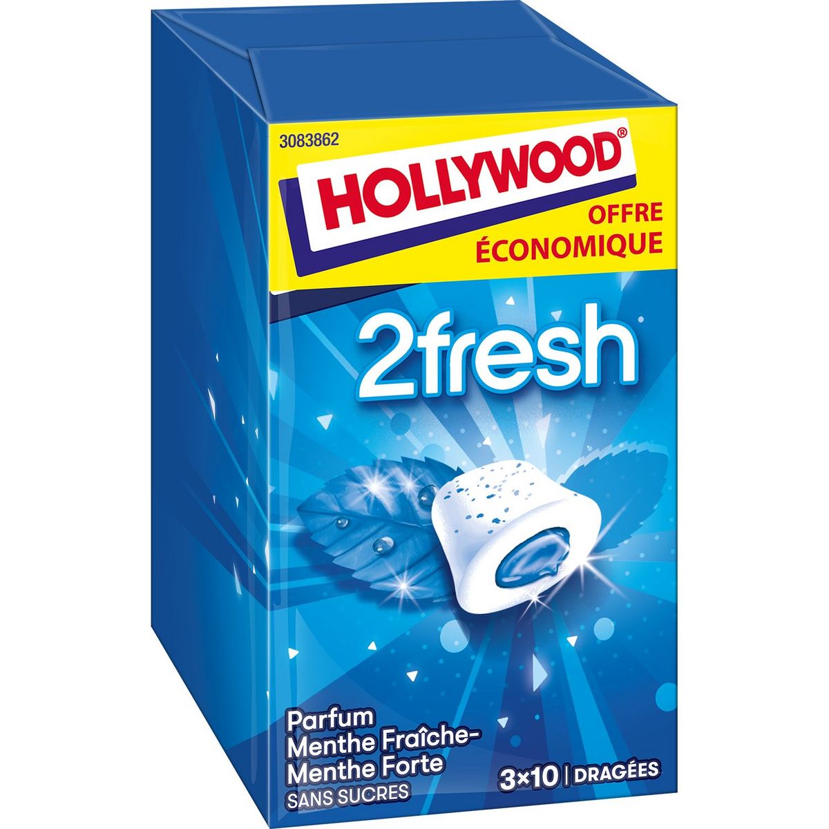 HOLLYWOOD 2 fresh chewing-gums menthe fraîche menthe forte 3x10 dragées 66g