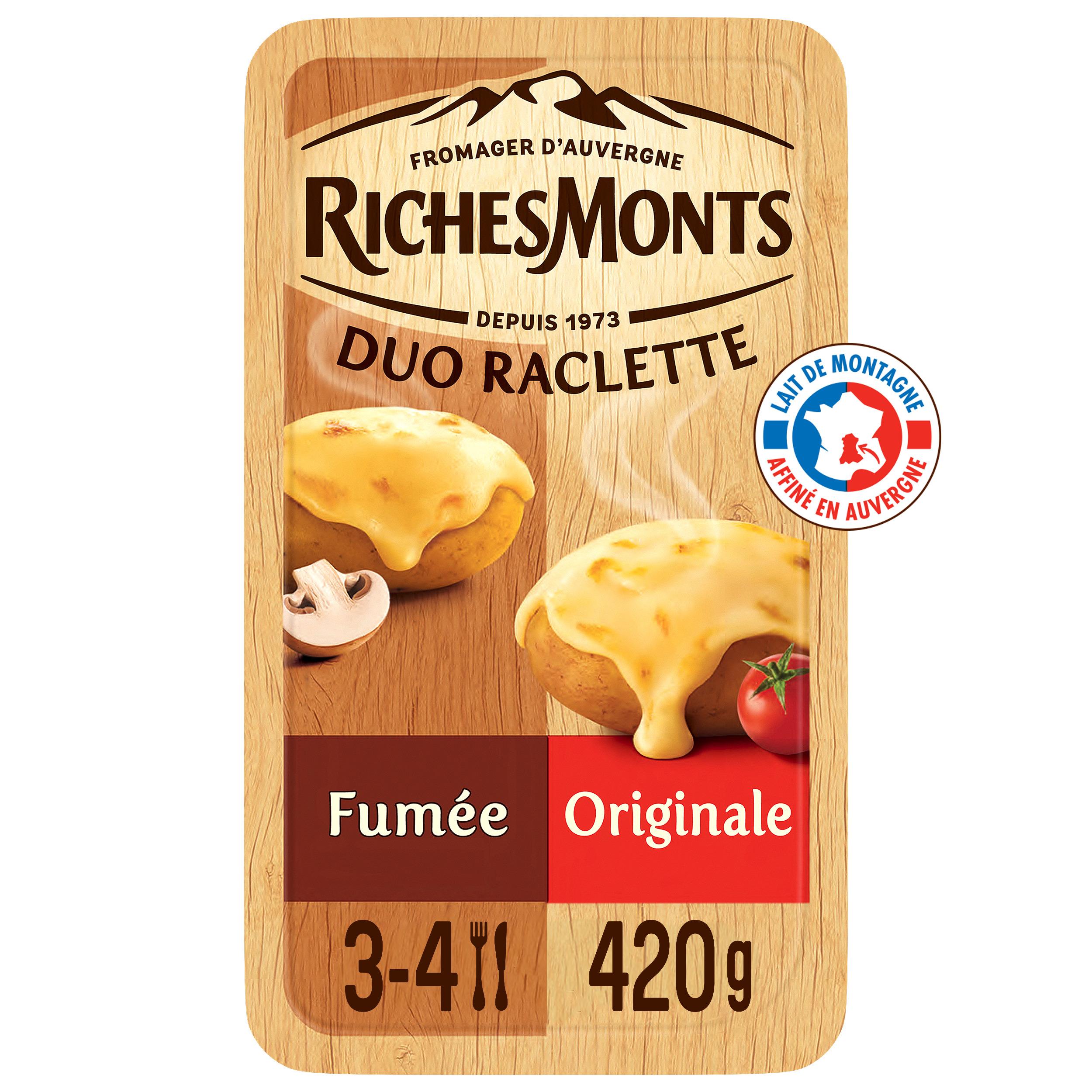 Voir la diapositive 2 : RICHESMONTS Fromage à raclette nature et fumé 2x8 tranches 420g