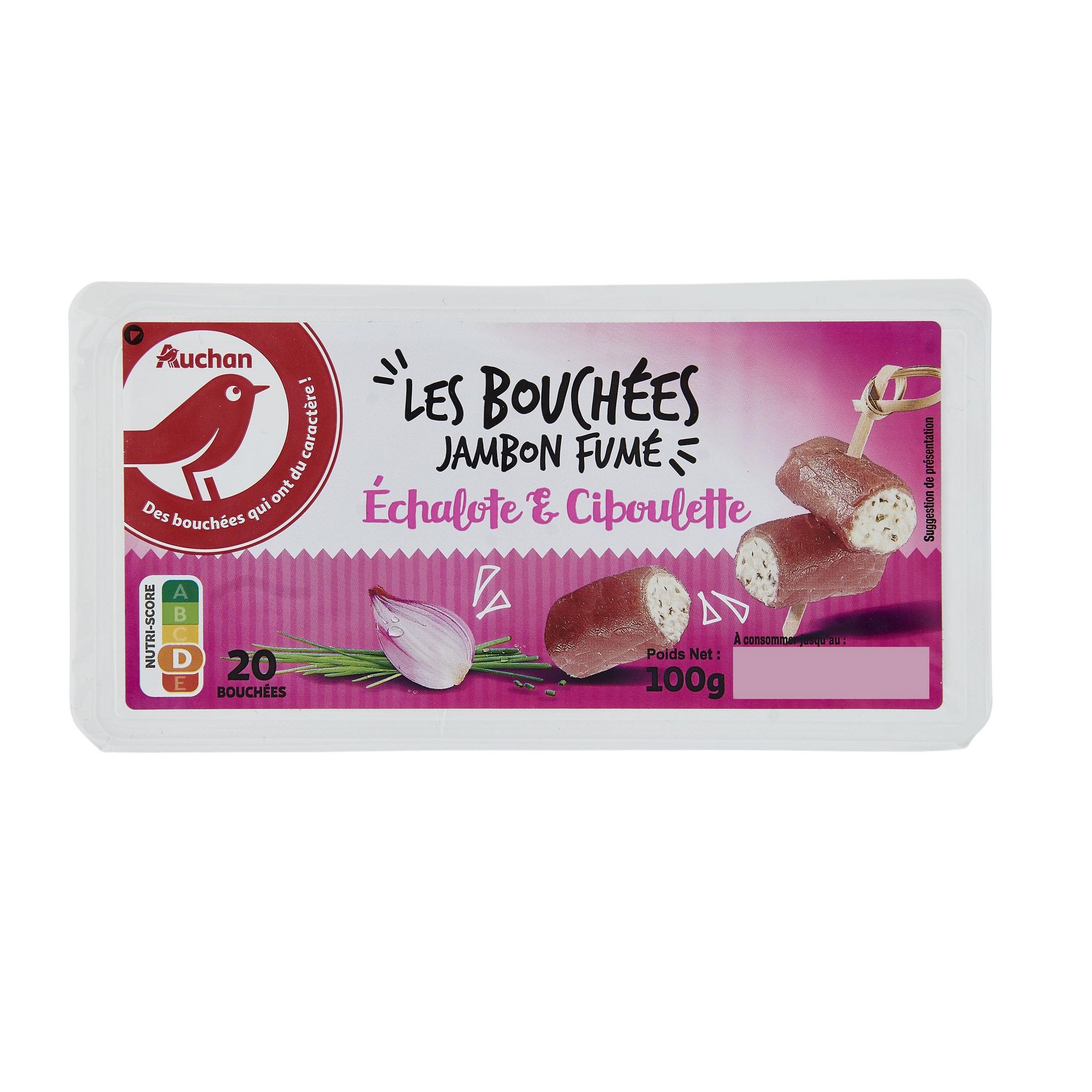 Voir la diapositive 2 : AUCHAN Bouchées jambon fumé échalote et ciboulette 20 pièces 100g