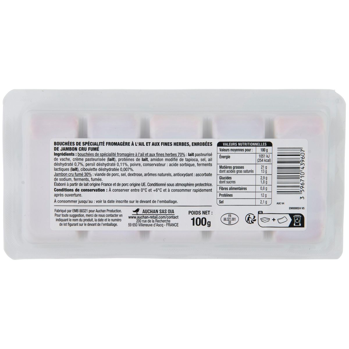 AUCHAN Bouchées jambon ail et fines herbes 100g