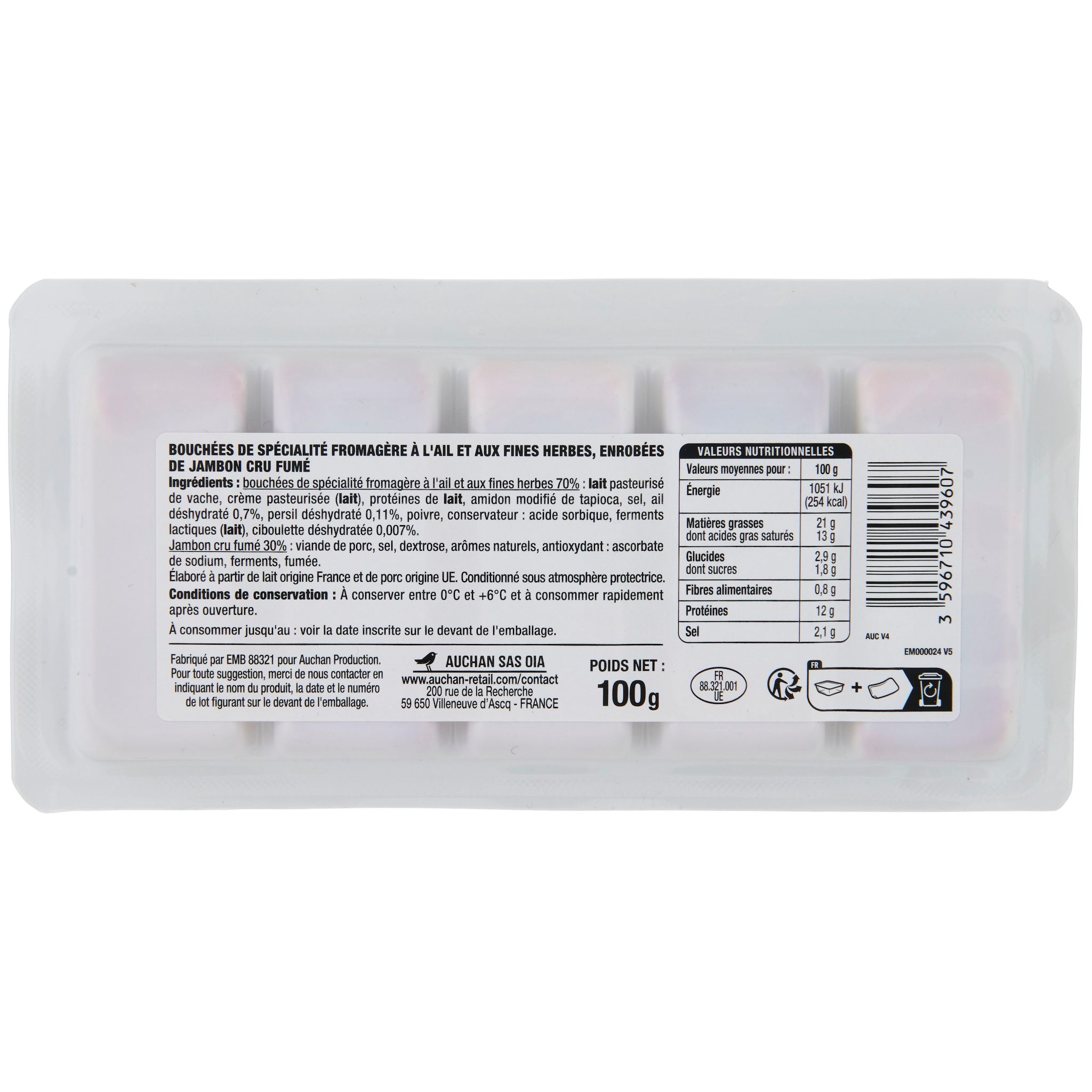 Voir la diapositive 2 : AUCHAN Bouchées jambon ail et fines herbes 100g