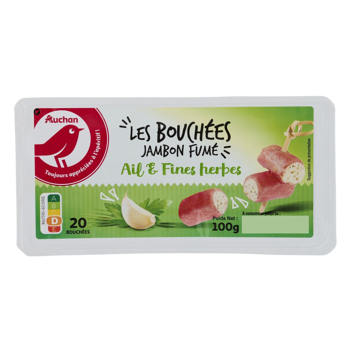 AUCHAN Bouchées jambon ail et fines herbes 100g