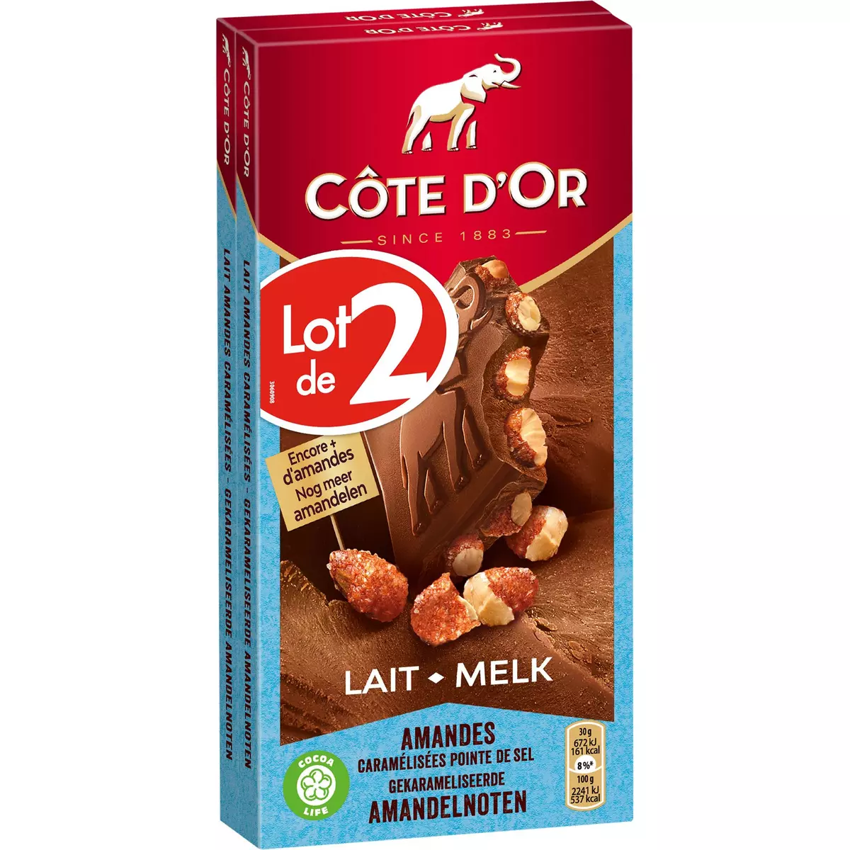 COTE D'OR Tablette de chocolat au lait amandes caramélisées pointe de sel 2 pièces 2x180g