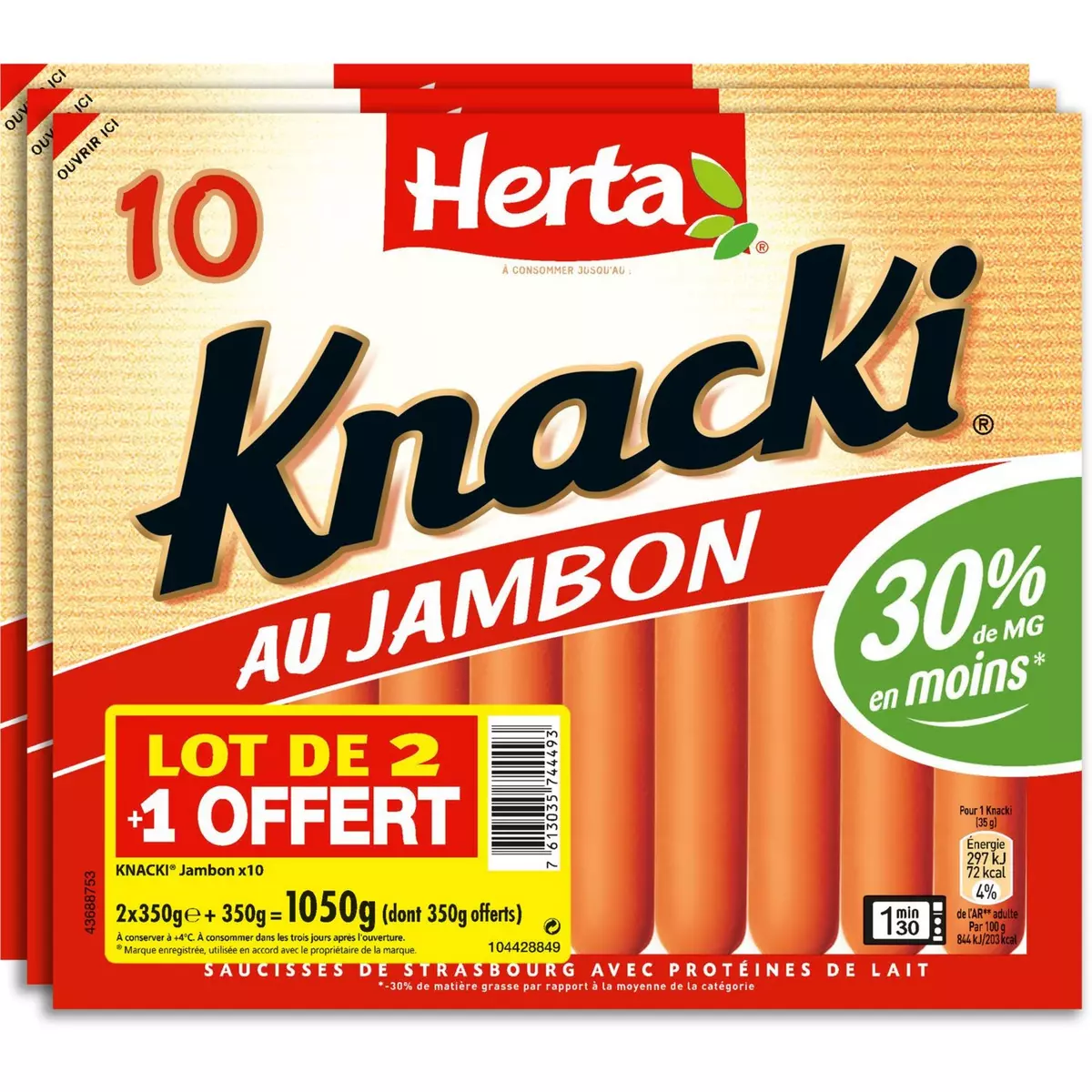 HERTA Lot de knacki au jambon 2 +1offert 1,05kg