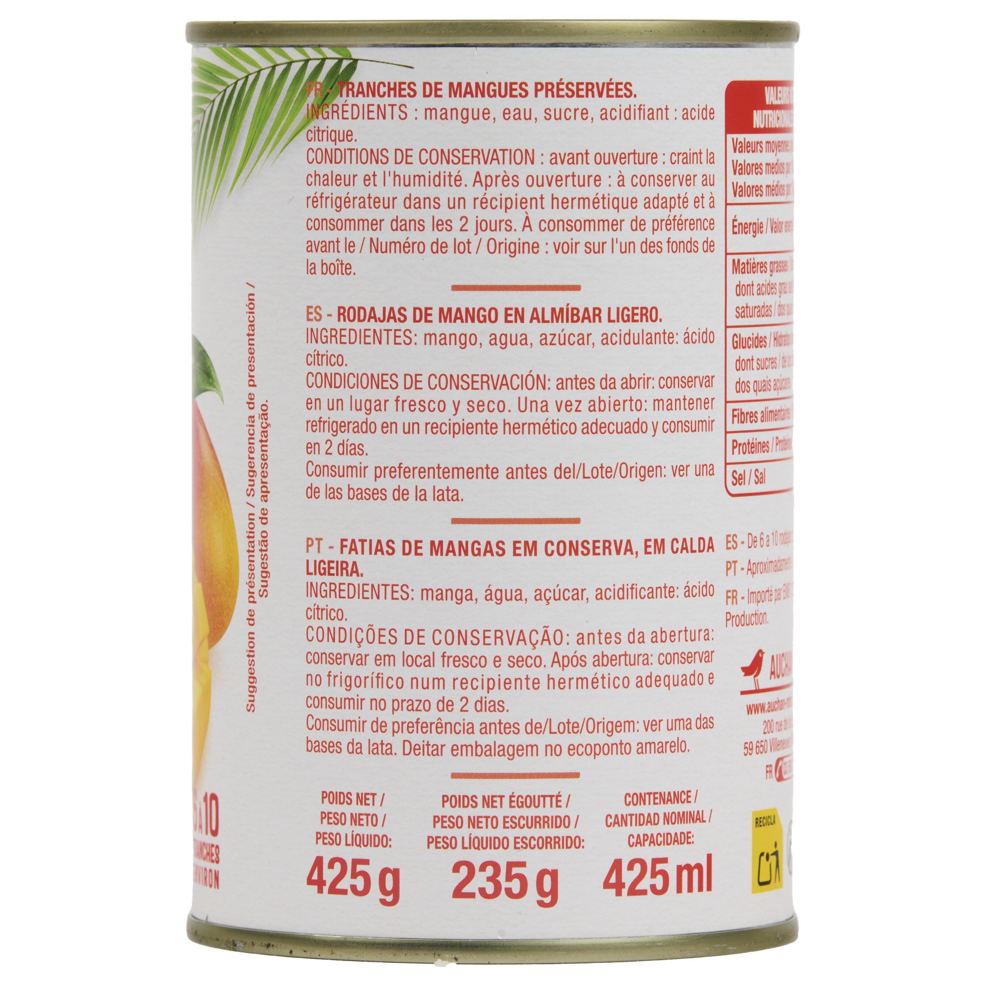 Voir la diapositive 4 : AUCHAN Mangue en tranches au sirop léger 235g