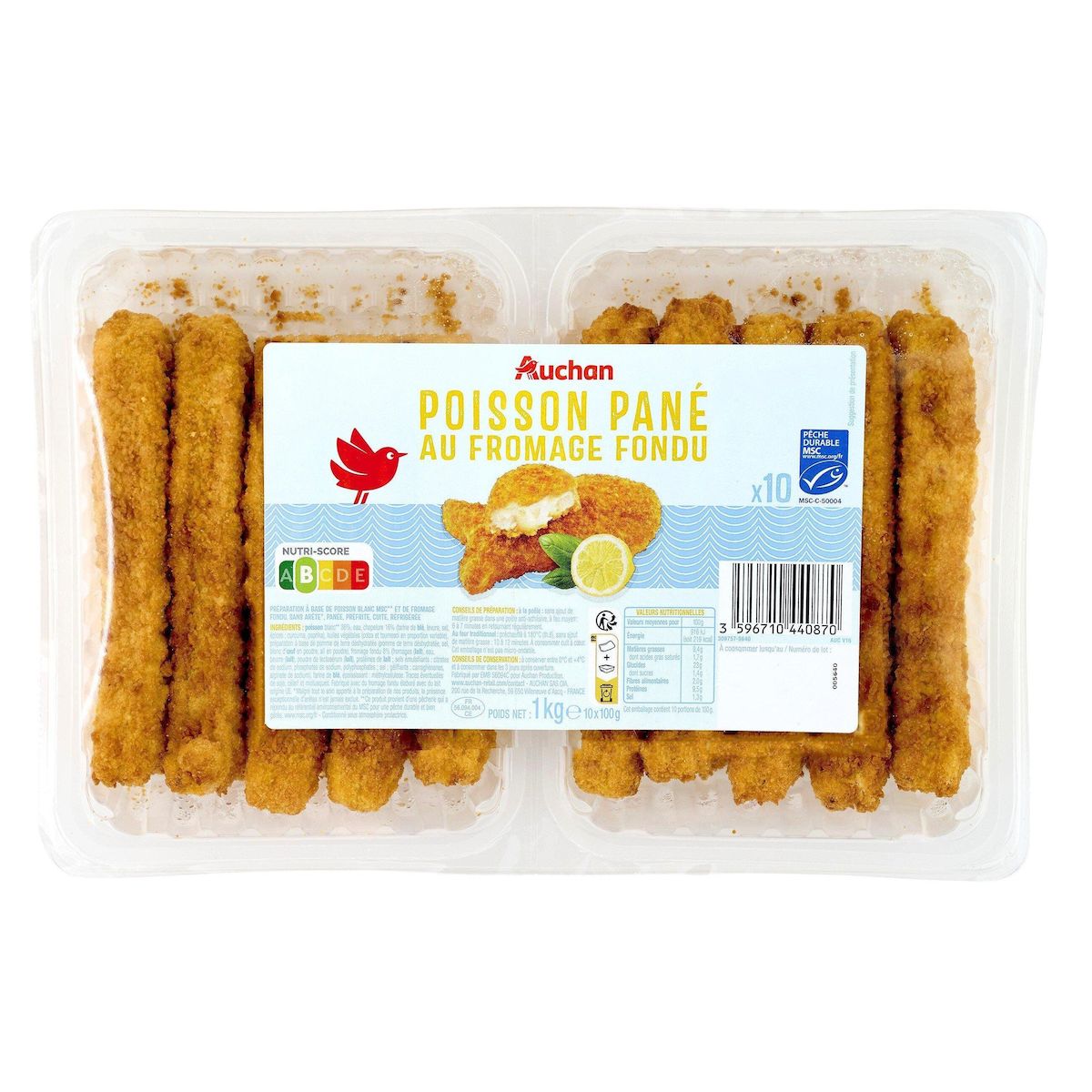AUCHAN P'tits Panés Poissons MSC au fromage fondu 10 pièces 1kg