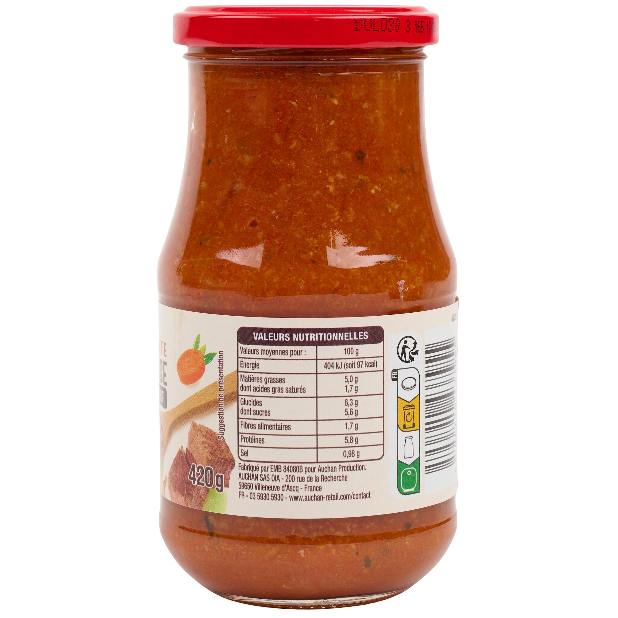 Voir la diapositive 2 : AUCHAN Sauce bolognaise riche en boeuf origine France 420g