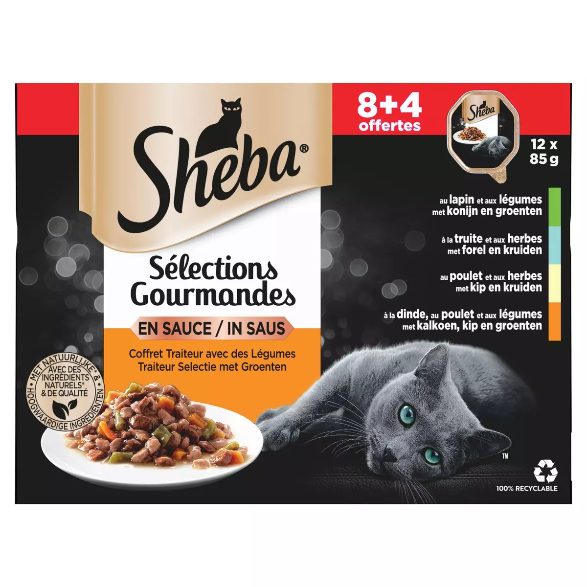 SHEBA Coffret du boucher avec des légumes sauces gourmandes pour chats 8+4 offerts 12x85g