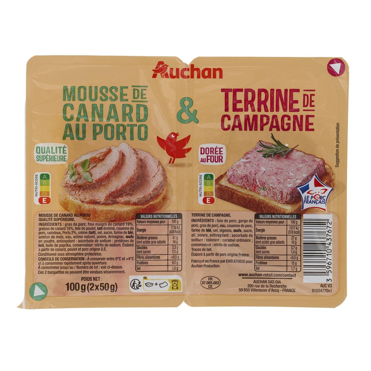 AUCHAN Duo mousse canard et terrine campagne 100g 100g