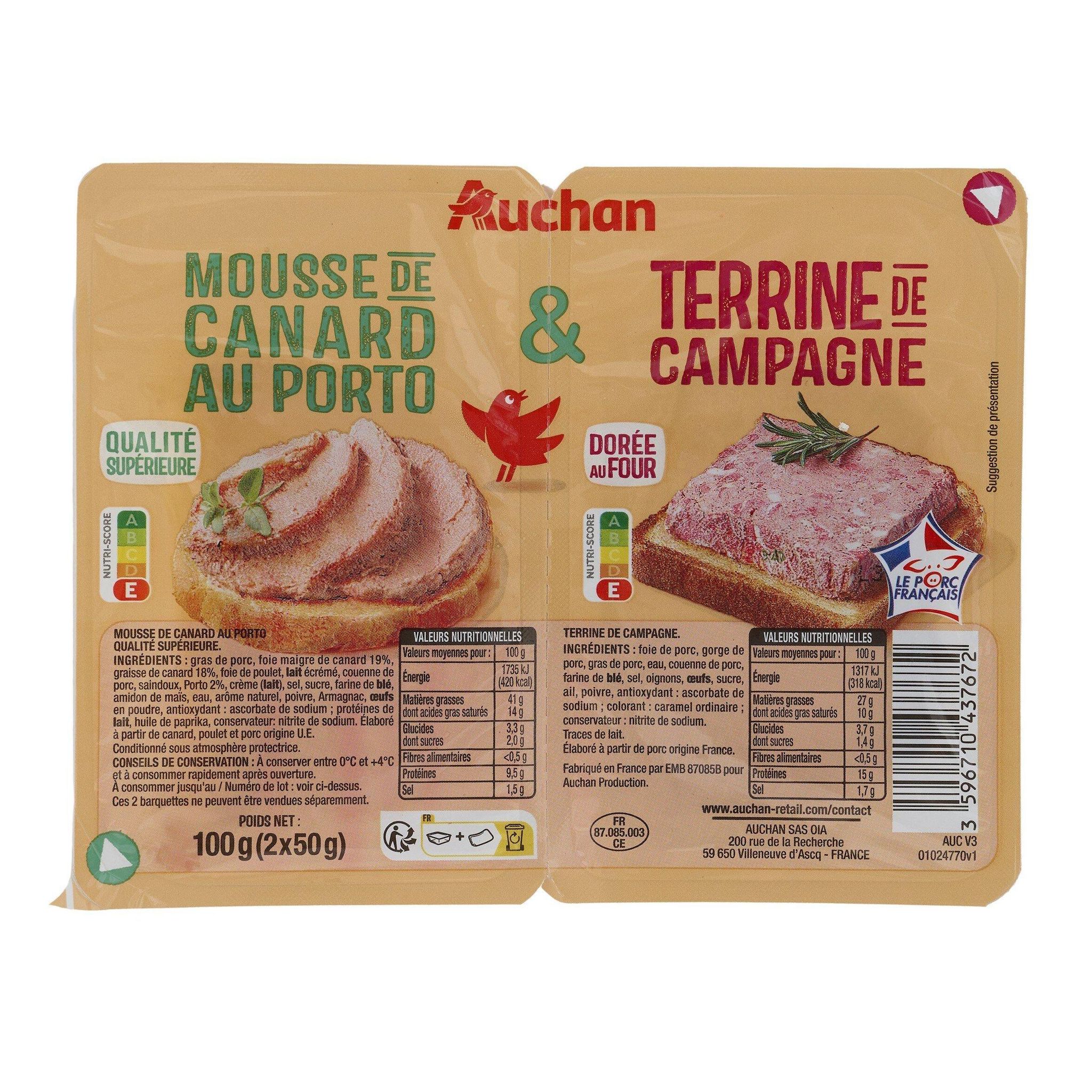 Voir la diapositive 2 : AUCHAN Duo mousse canard et terrine campagne 100g 100g