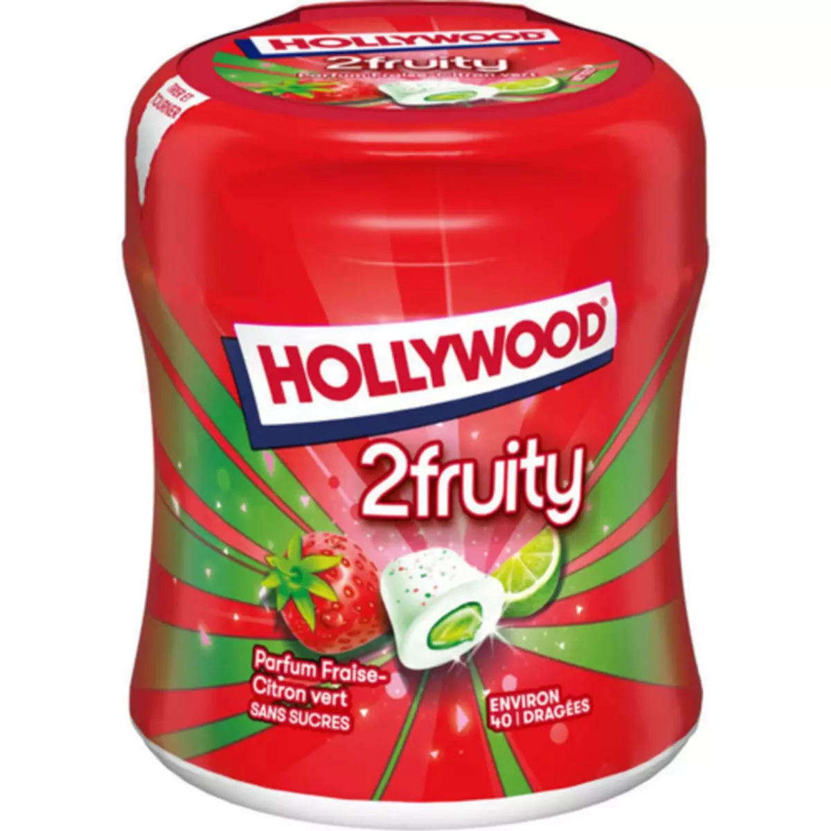 HOLLYWOOD 2fruity box chewing-gum fraise citron vert sans sucres 40 dragées 88g