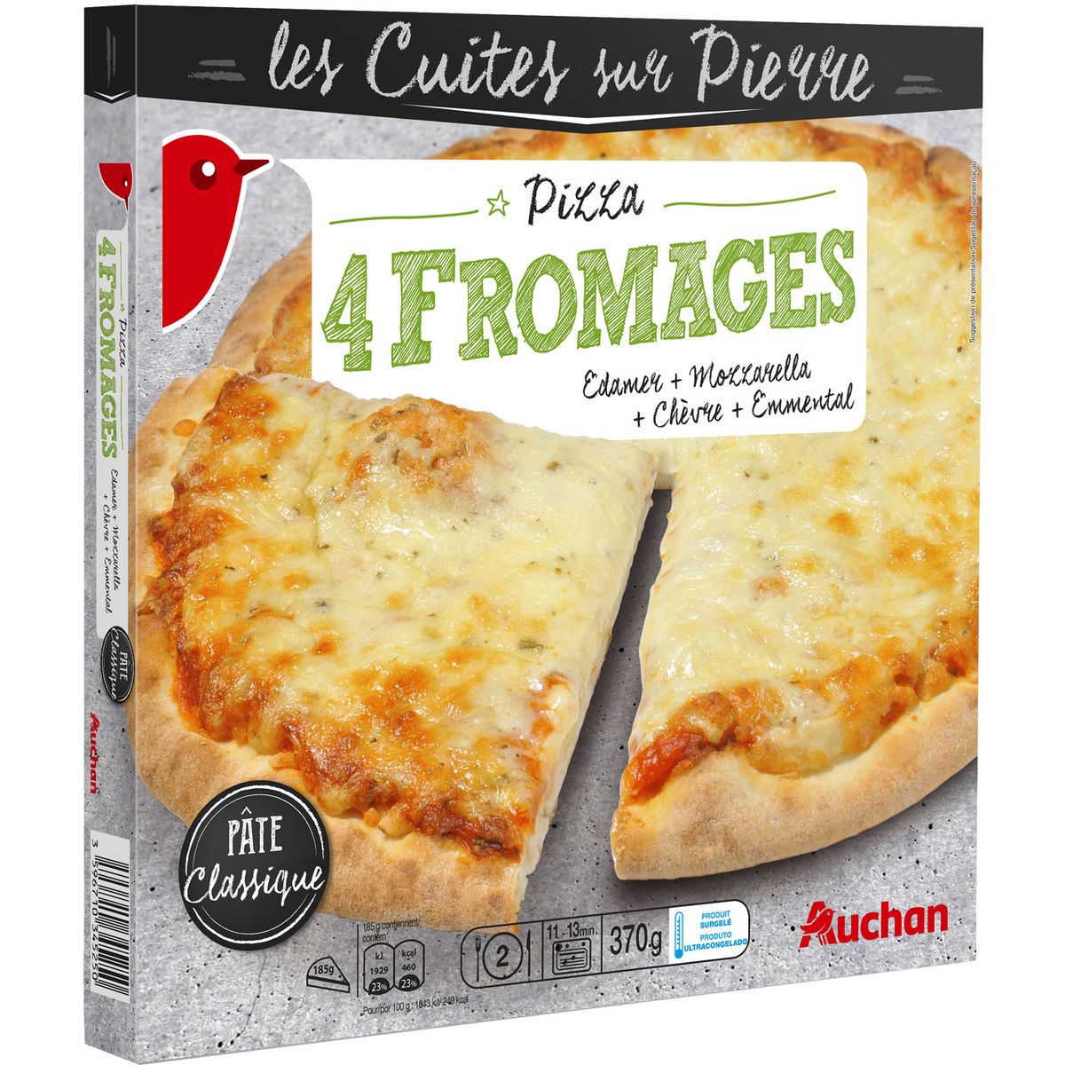 AUCHAN Pizza cuite sur pierre aux 4 fromages 370g