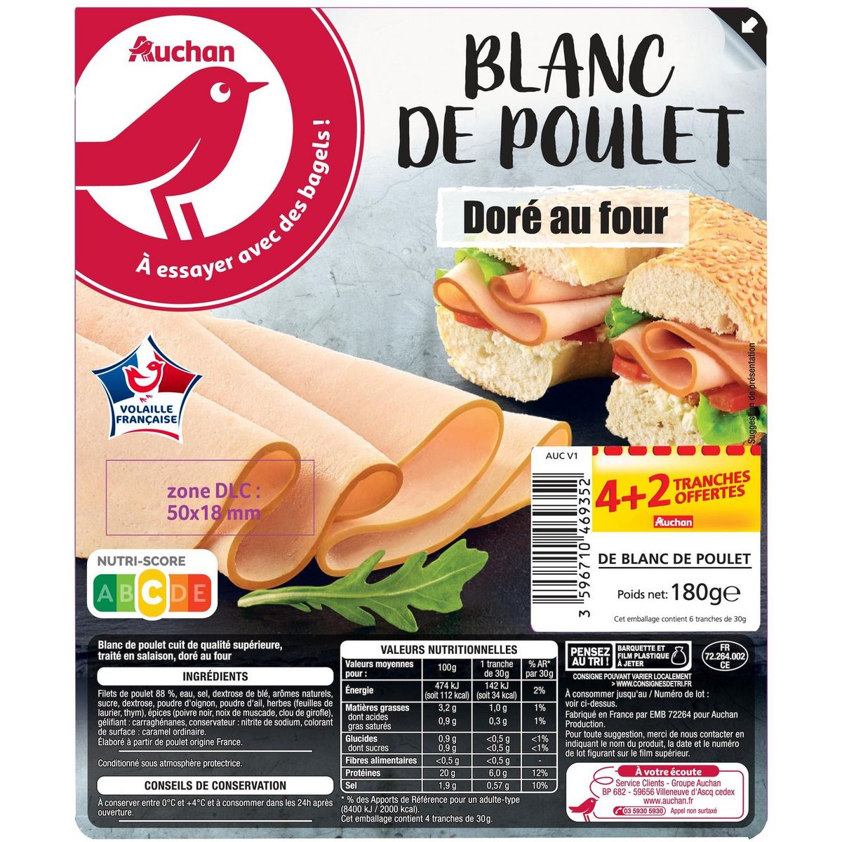 AUCHAN Blanc de poulet 4+2 tranches 180g