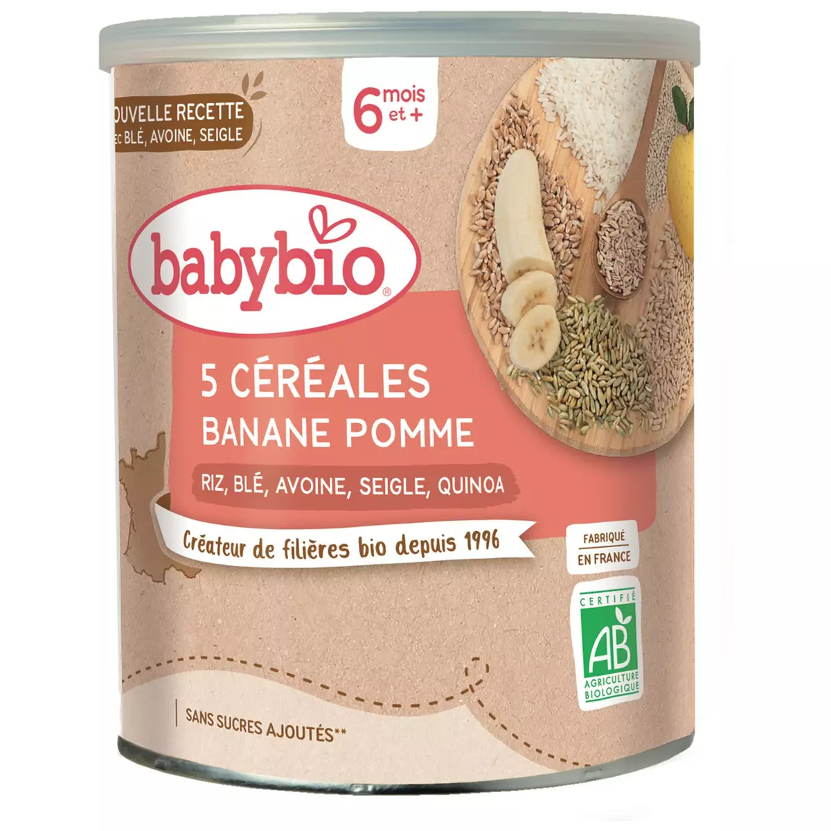 BABYBIO 5 Céréales banane pomme riz blé avoine seigle quinoa bio en poudre dès 6 mois 220g