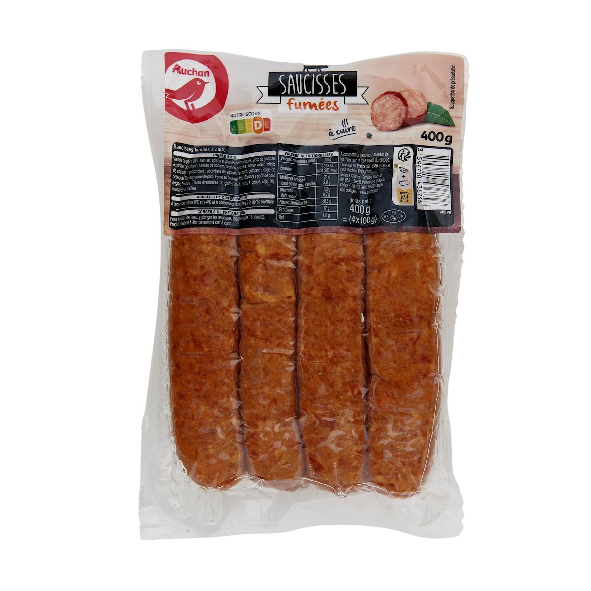 AUCHAN Saucisses fumées à cuire 4 pièces 400g