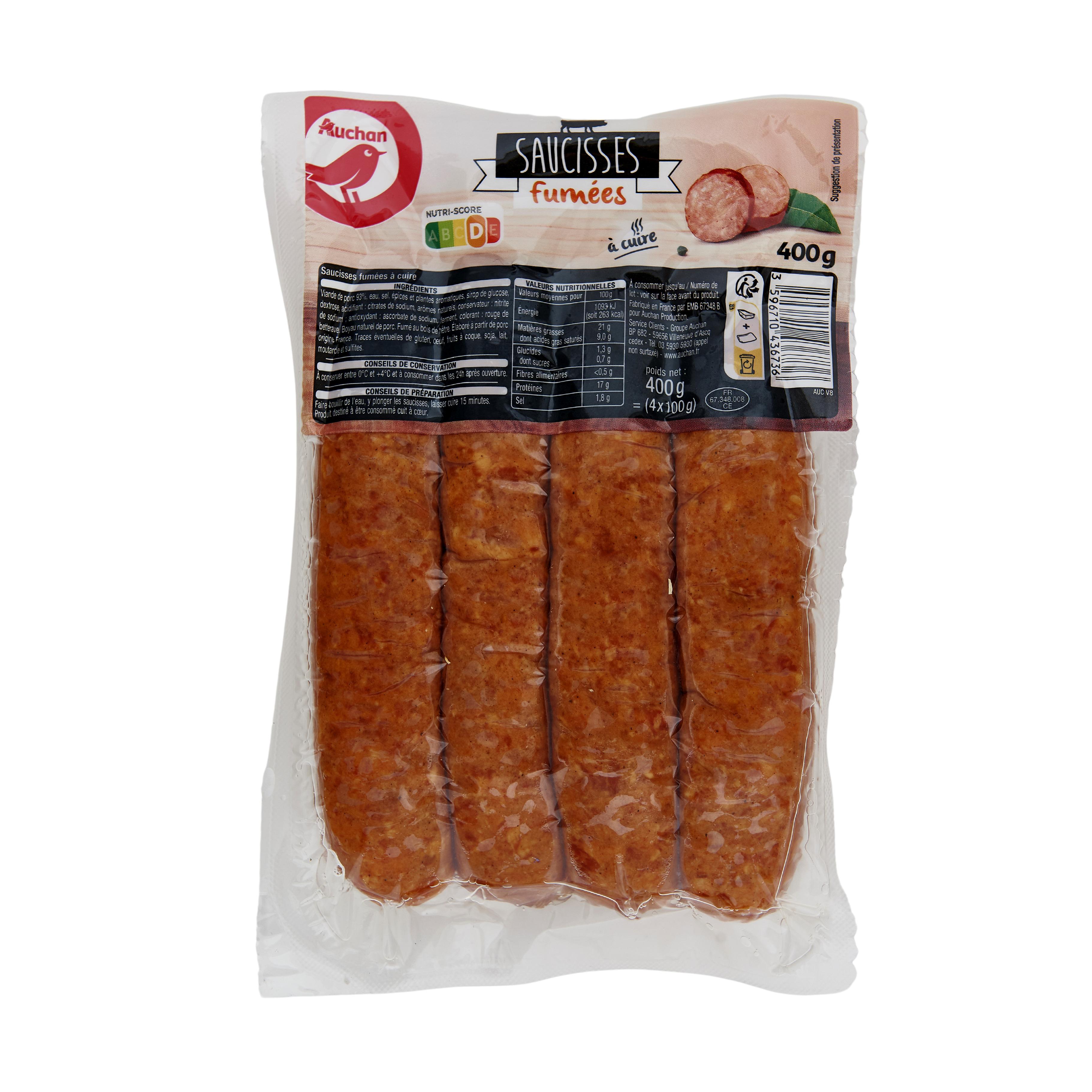Voir la diapositive 3 : AUCHAN Saucisses fumées à cuire 4 pièces 400g