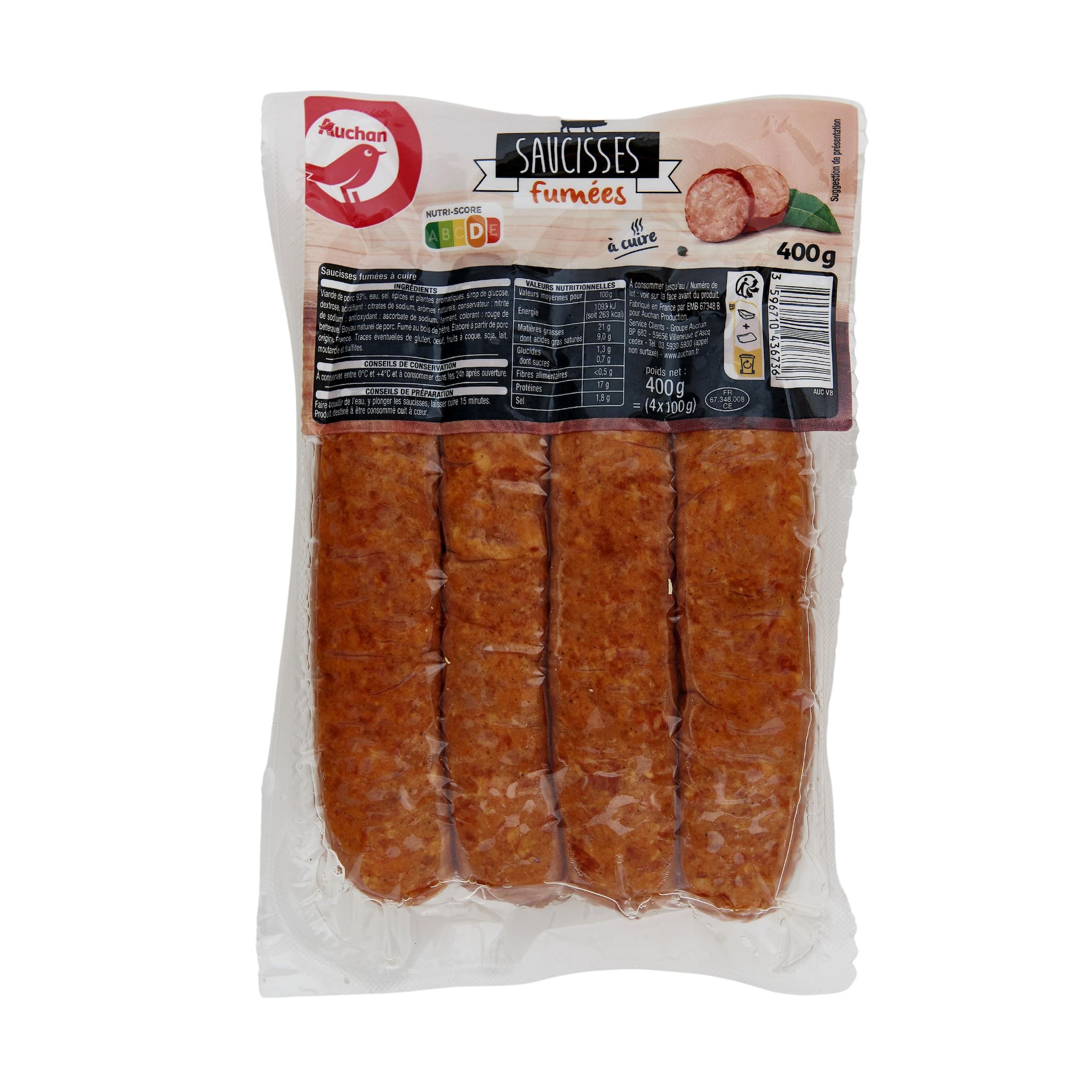 Voir la diapositive 3 : AUCHAN Saucisses fumées à cuire 4 pièces 400g