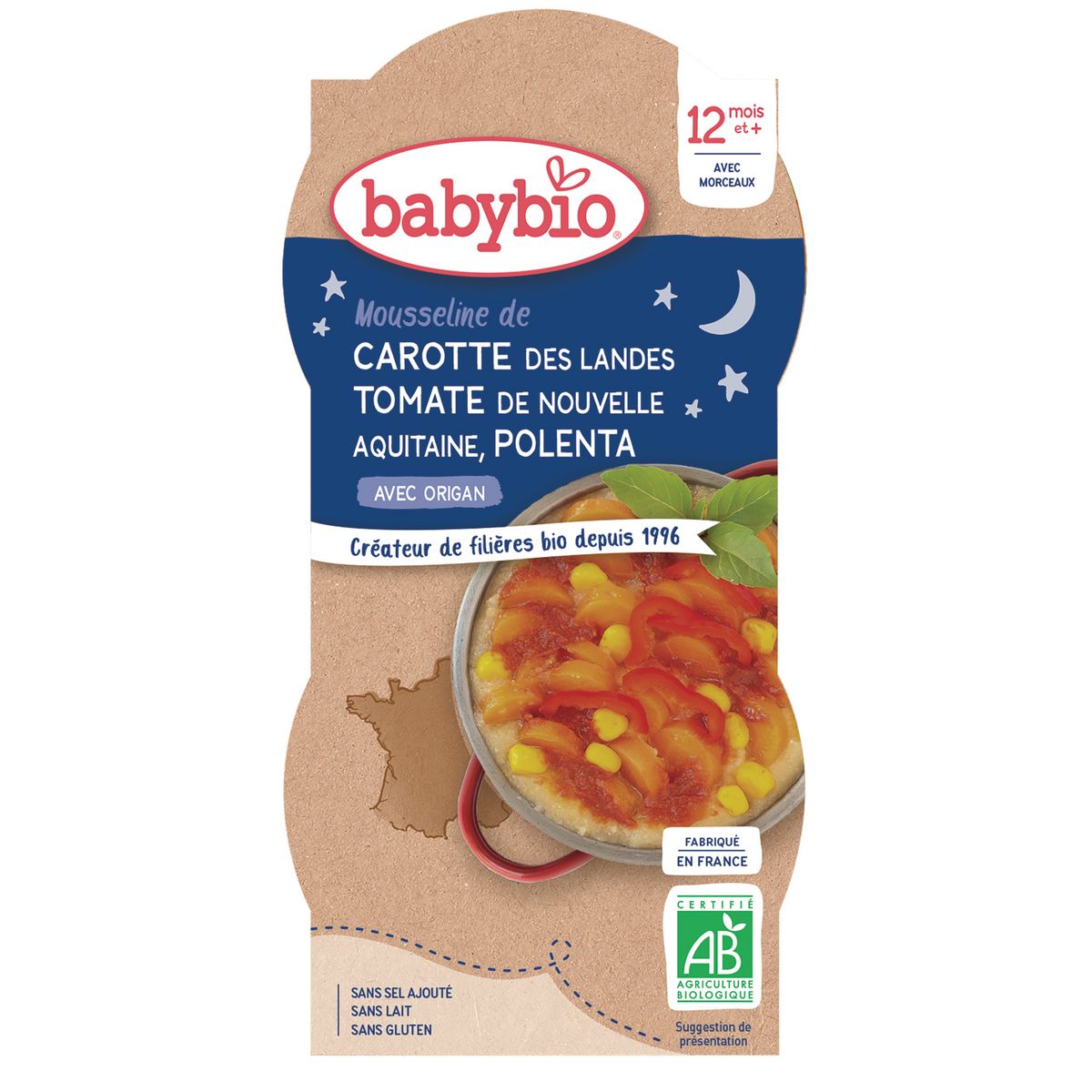 BABYBIO Bols mousseline de carottes tomates et polenta bio dès 12 mois 2x200g